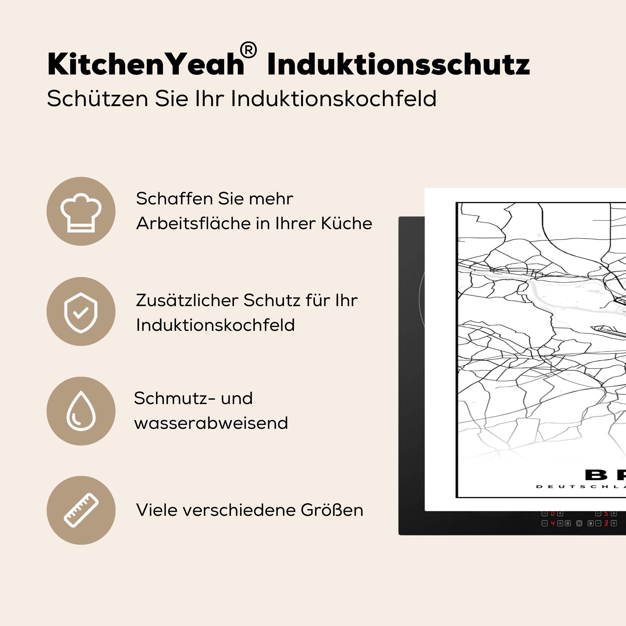 MuchoWow Herdblende-/Abdeckplatte Bremen - Stadtplan tlg), Karte, Schutz (1 für küche, 81x52 - Ceranfeldabdeckung Vinyl, die Induktionskochfeld cm