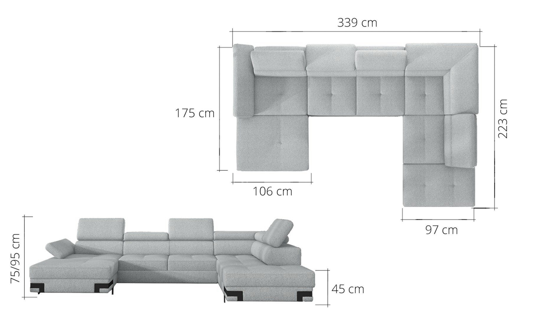 Sofa Kopfstützen, Wohnlandschaft Armlehne Dreams XL Bettkasten, Chemnitz verstellbare weiß, verstellbare Büffelleder mit Bettfunktion, mit