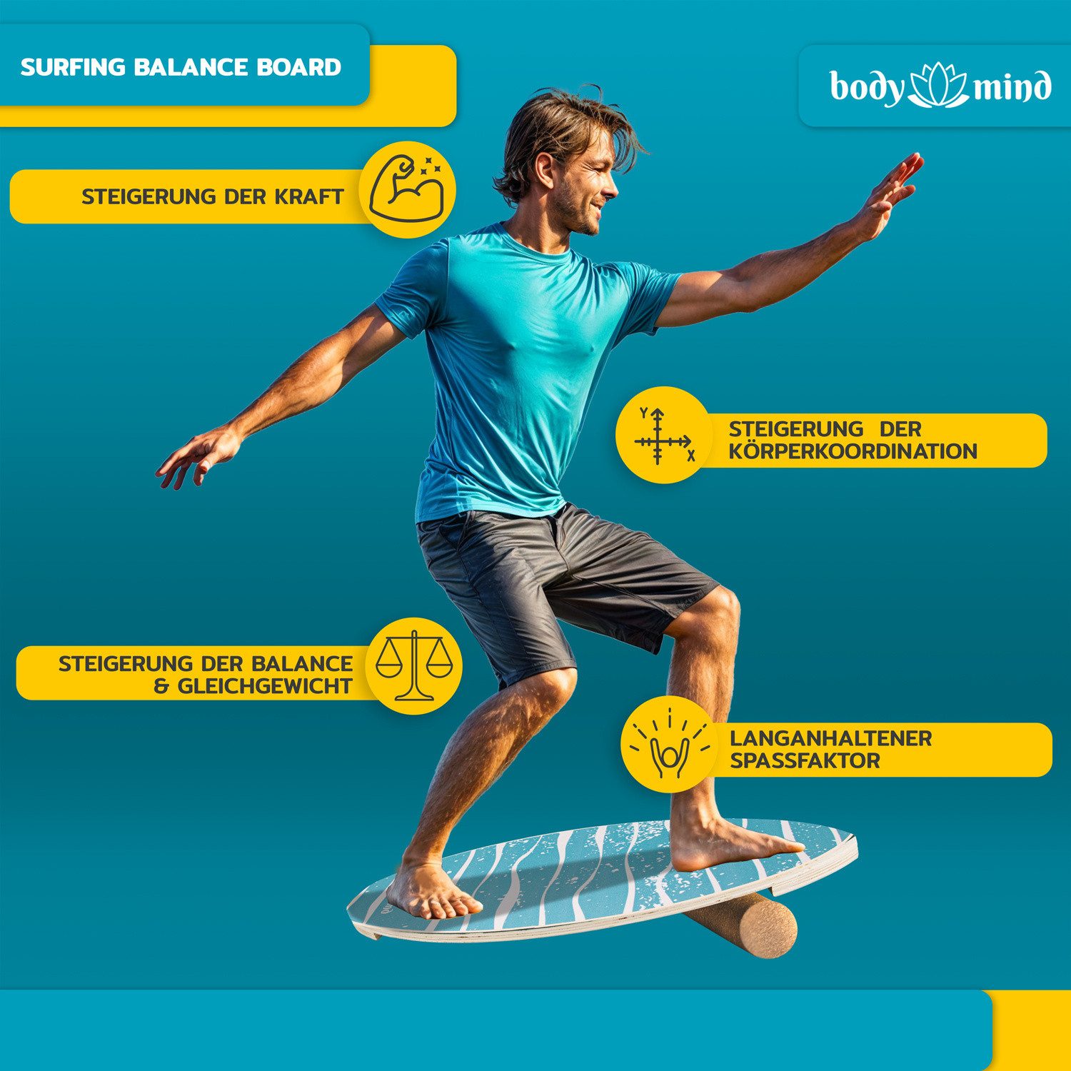 Body & Mind Balanceboard Surf Balance Board – Holz Wackelbrett mit Korkrolle + Ständer & E‑Book, Trainiert Gleichgewicht & Koordination
