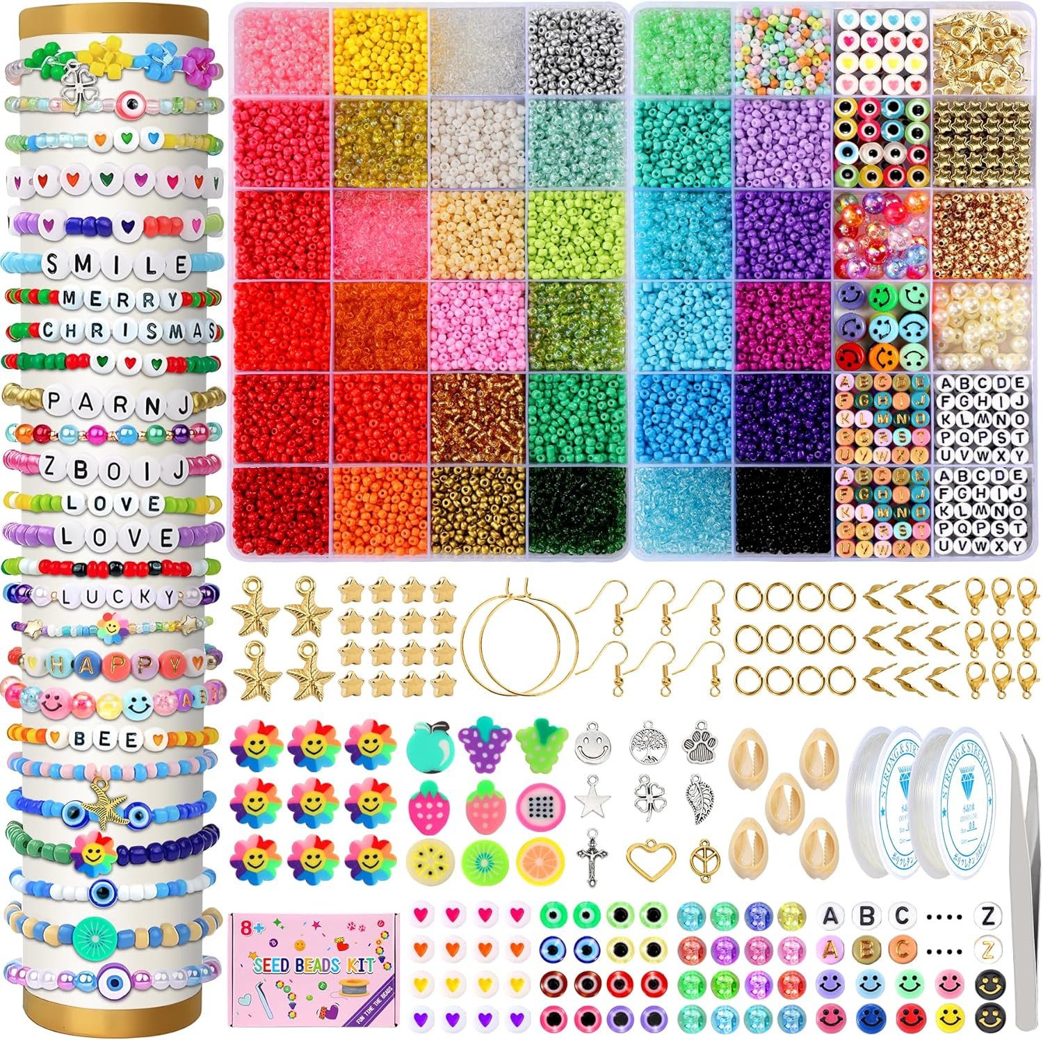 POPOLIC Perlenarmband Set 19000 Teiliges Perlen zum Auffädeln, 36 Farben Perlen Für Armbänder (Tonperlen für die Armbandherstellung, Perlen Set mit Buchstabenperlen), Glasperlen Set für Kinder,Weihnachten,Feiertage, Geburtstage