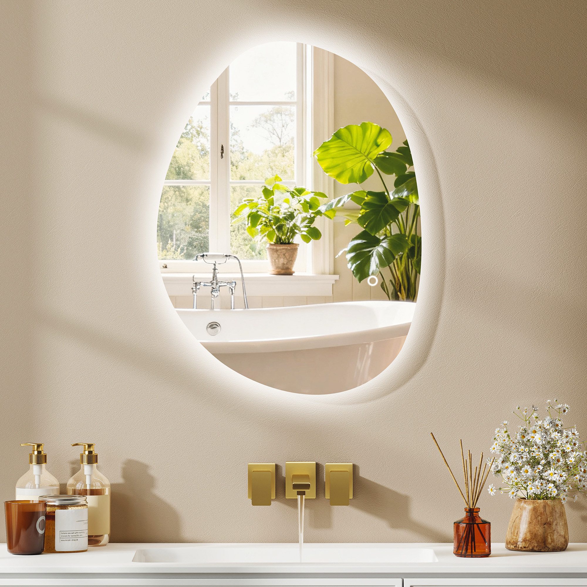 HOMCOM Badspiegel Beleuchtung, 3 Lichtfarben, Touch-Schalter, asymmetrisch (Beschlagfrei Wandspiegel, 1-St., Asymmetrischer Badezimmerspiegel), Wandspiegel IP44, für Badezimmer