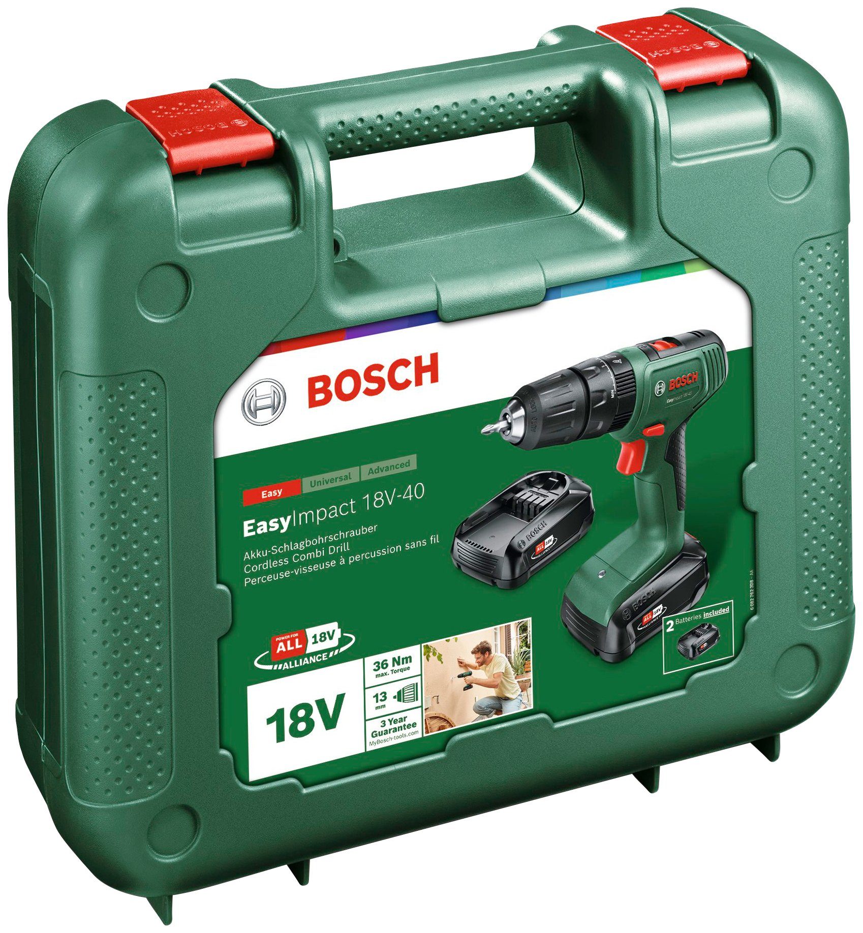 Home Koffer, und & 18V-40, Akkus Akku-Schlagbohrschrauber EasyImpact 18V/2Ah mit 2 Garden Inkl. Bosch Ladegerät