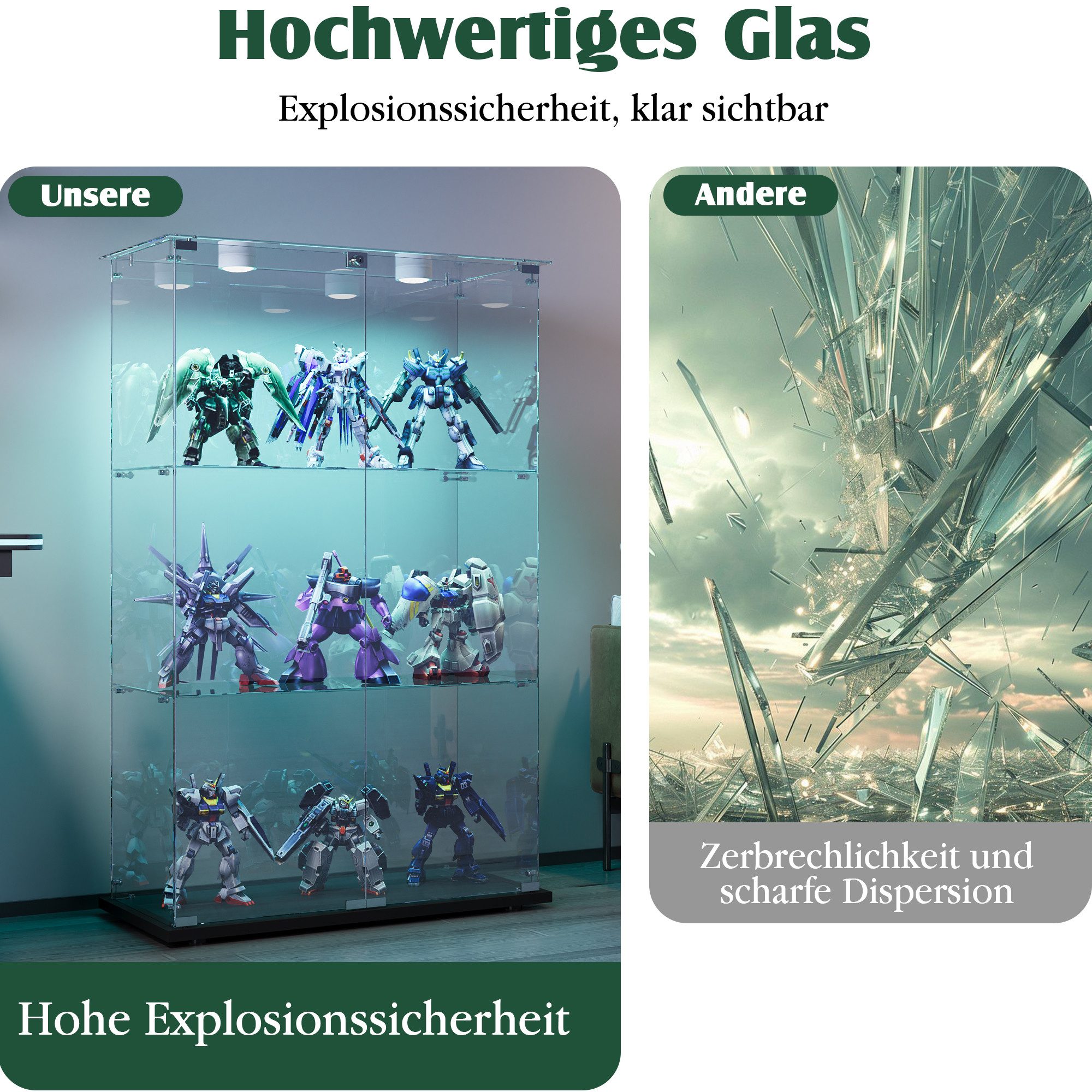 Simurq Glasvitrine Standvitrinen mit LED Beleuchtung Vitrinenschrank mit Glastür (glas vitrine mit 2 Glastür und 3 Lagen,Schloss,Kippsicherung) Sammlervitrine aus gehärtetes Glas,Modernes rahmenloses Design