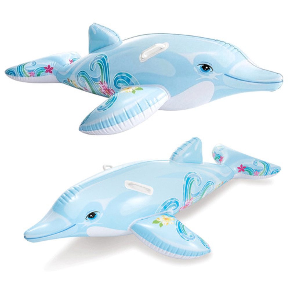 Intex Luftmatratze Aufblasbare Delfin-Schwimmmatratze, (Spar-Set, 1-St., 2 stabile Griffe), Ein selbstklebender Flicken ist im Set enthalten