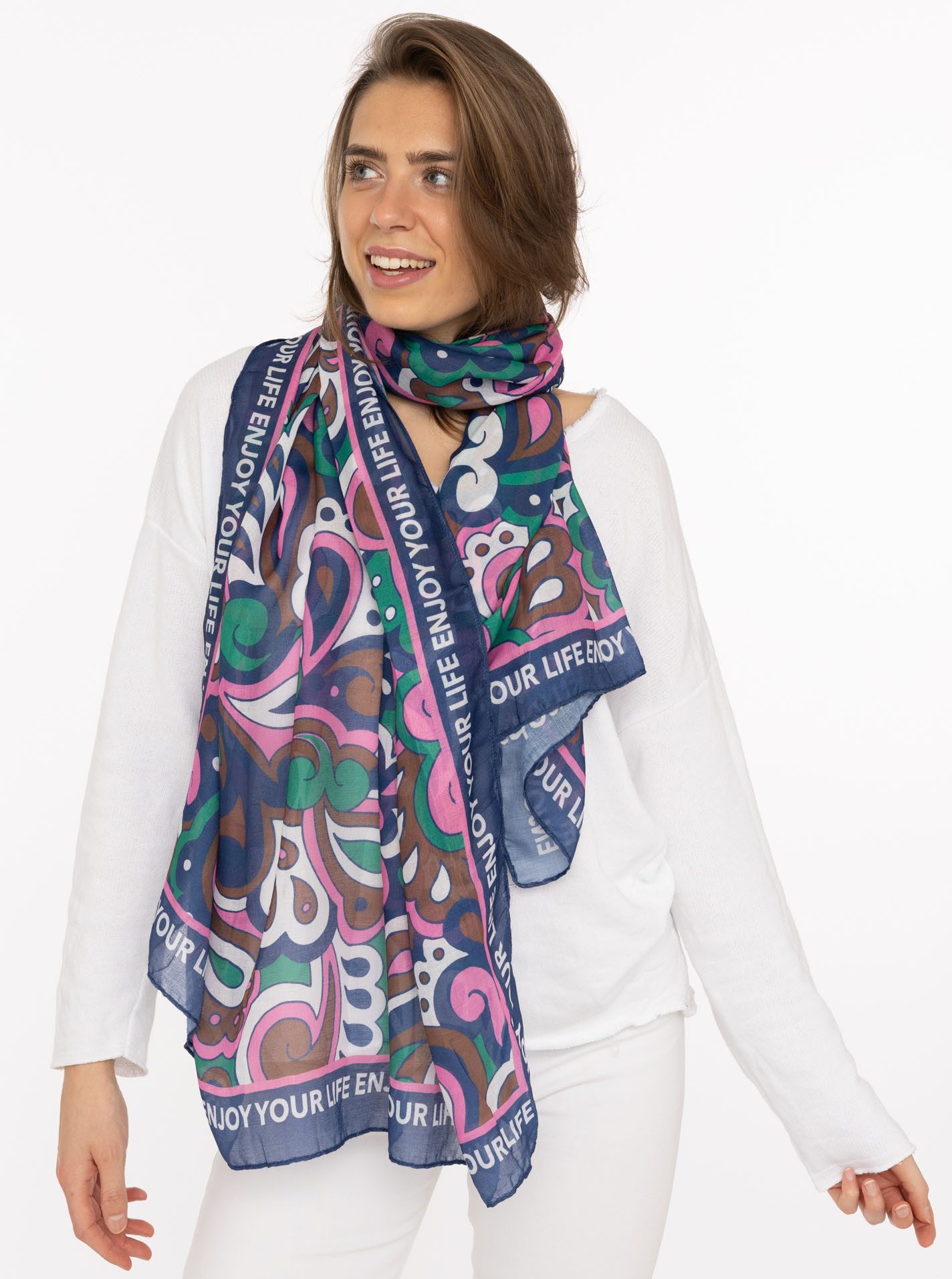 Zwillingsherz Schal "Flower Paisley", farbenfroh, transparent, mit Schriftzug