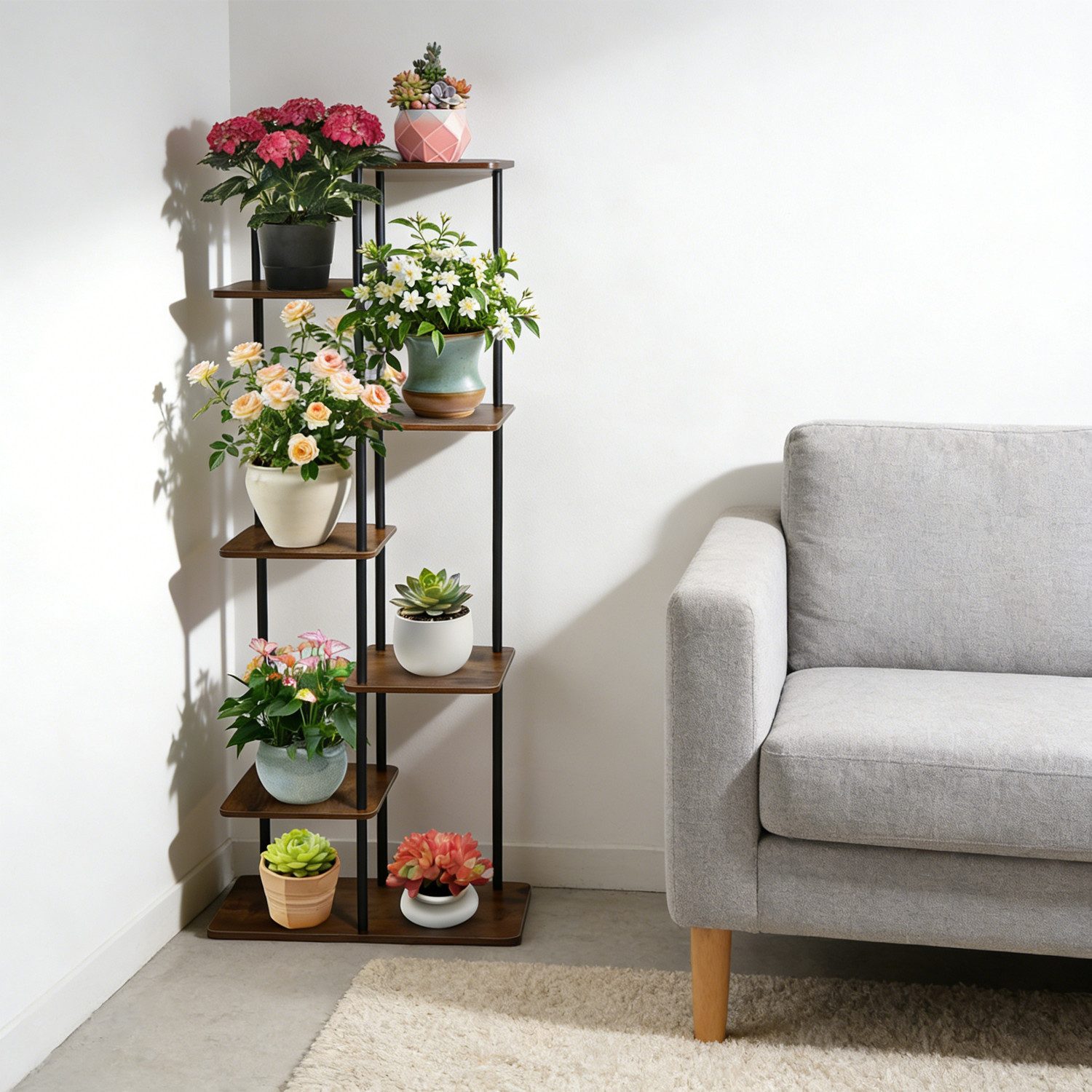 BlingBin Blumenständer Pflanzenständer 7 Ebenen – Blumenregal Holz & Metall Indoor (7-stufiger Pflanzenständer aus Schmiedeeisen für 8 Töpfe, 1 St., Pflanzenständer / Pflanzenregal), Mehrstöckiges Pflanzenregal für Wohnzimmer Balkon und Flur