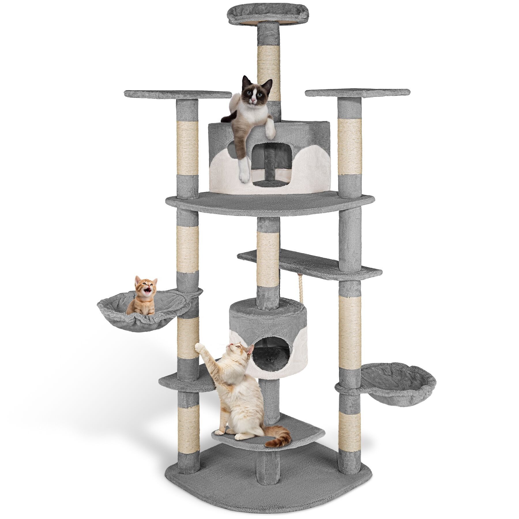 tectake Kratzbaum Katzenbaum Fippi 201 cm Diverse Farben grau-Weiss, Vielseitig mit robusten Sisalstangen und Plüschoberfläche