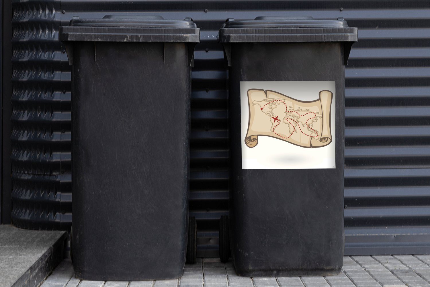 Mülltonne, Container, Illustration Wandsticker Sticker, St), Eine MuchoWow Mülleimer-aufkleber, einer Abfalbehälter Piratenweltkarte (1