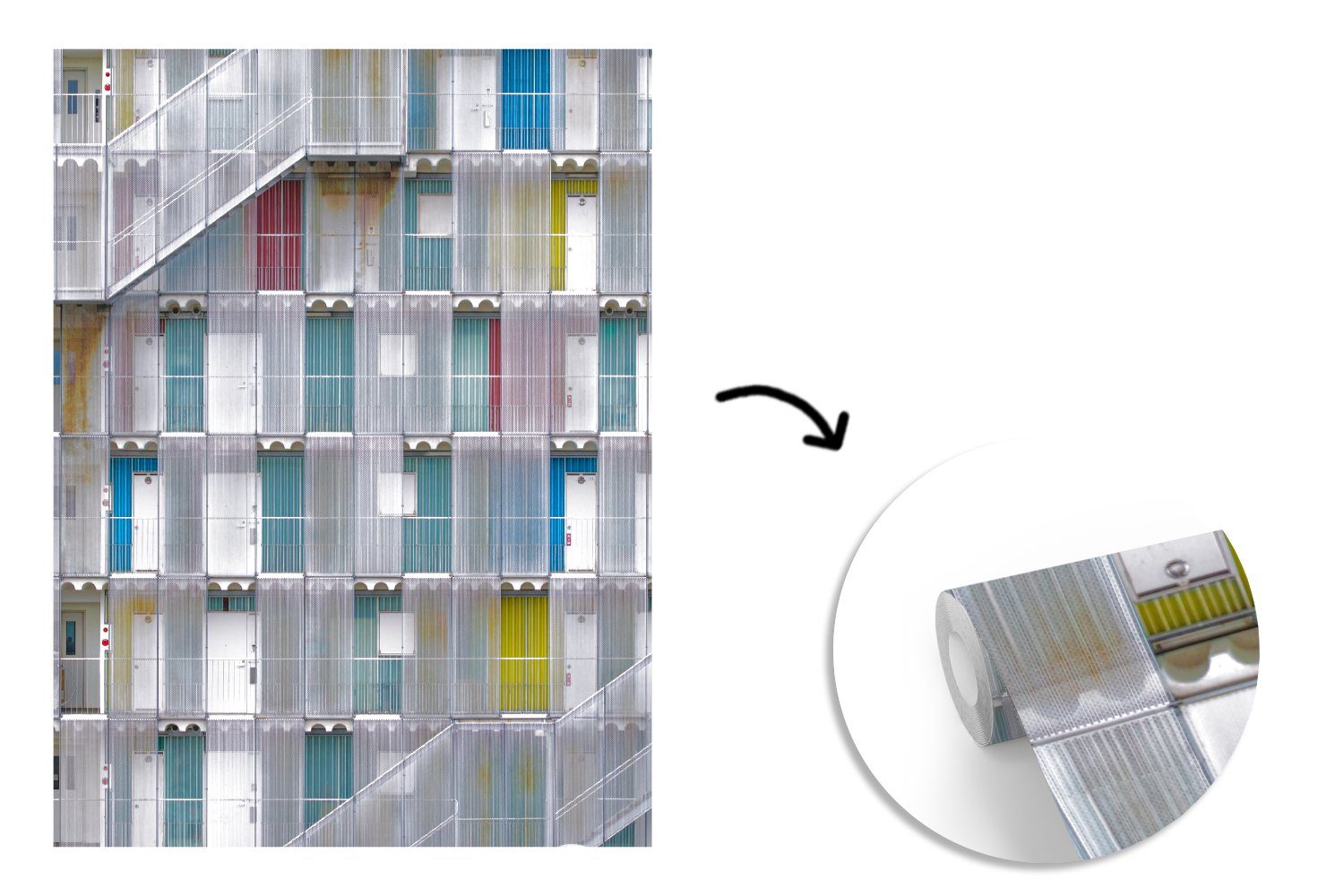 MuchoWow Fototapete Wohnungen Vinyl St), - Türen (4 - Wohnzimmer, bedruckt, Montagefertig Matt, Wandtapete - Treppe, Architektur für Tapete