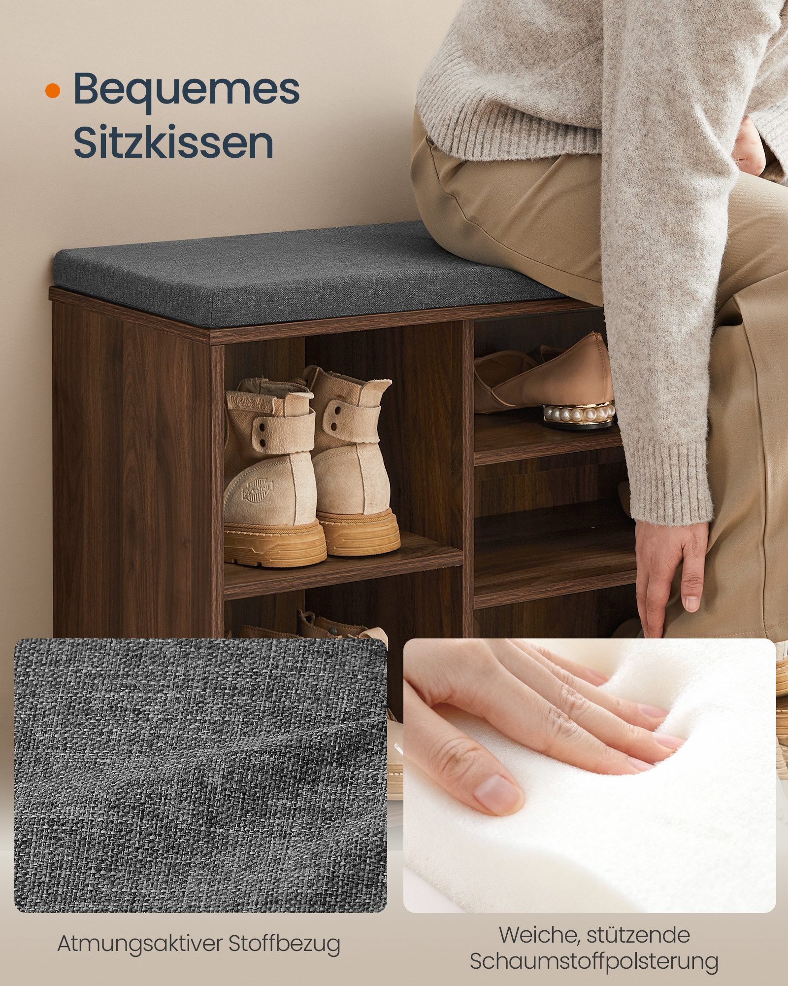 SONGMICS HOME Schuhbank Sitzbank mit Stauraum, offene Fächer, verstellbar, Schuhschrank, Toolless-Technologie, superschnelle werkzeuglose Montage – Bild 5 von 5