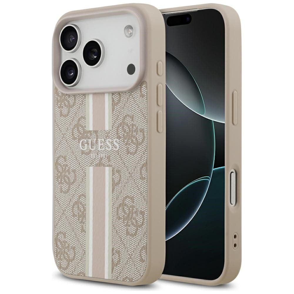 Guess Handyhülle Case iPhone 17 Pro MagSafe Kunstleder rosa Logo Streifen 6,3 Zoll, Kantenschutz