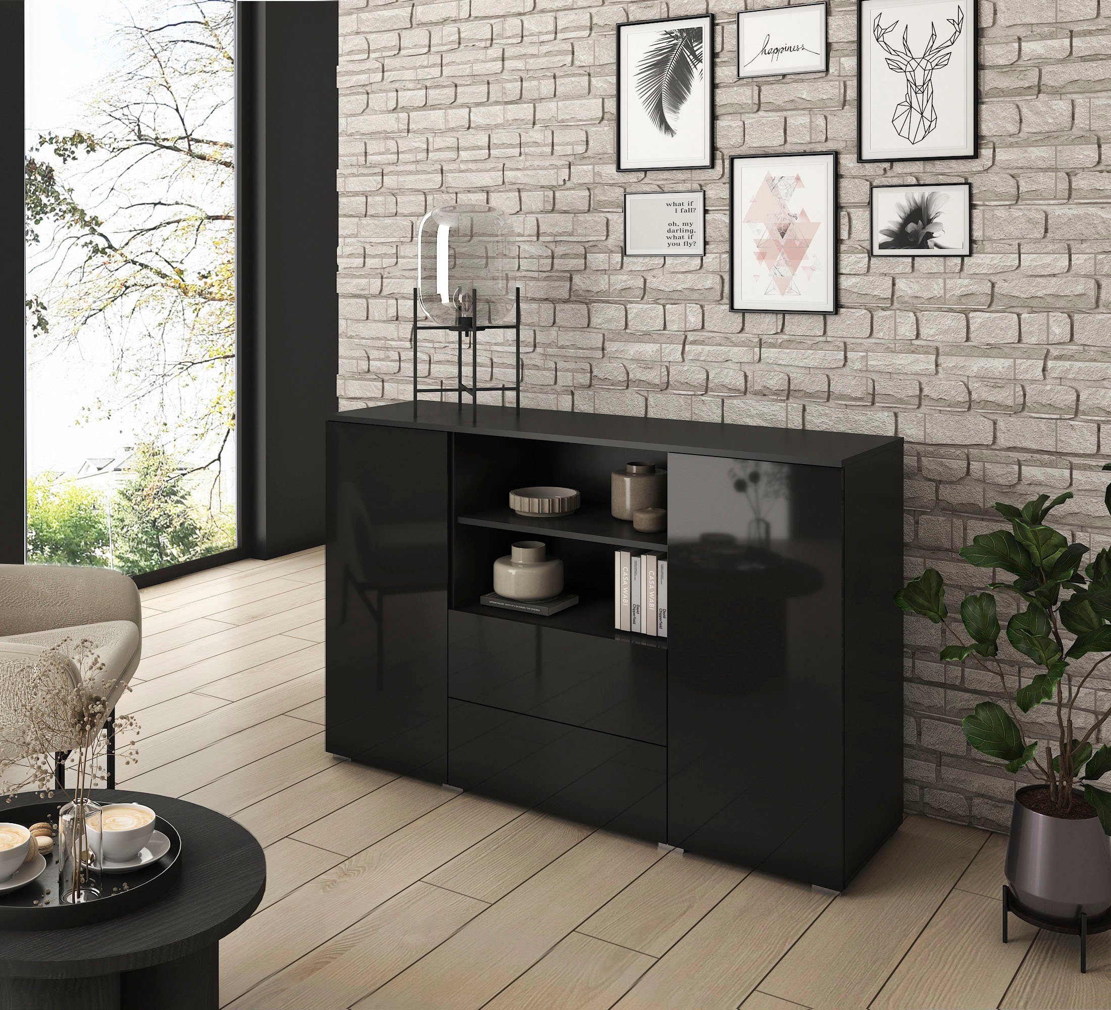 INOSIGN Sideboard Paris, Breite 140 cm graphit schwarz matt/schwarz Hochglanz | graphite schwarz matt