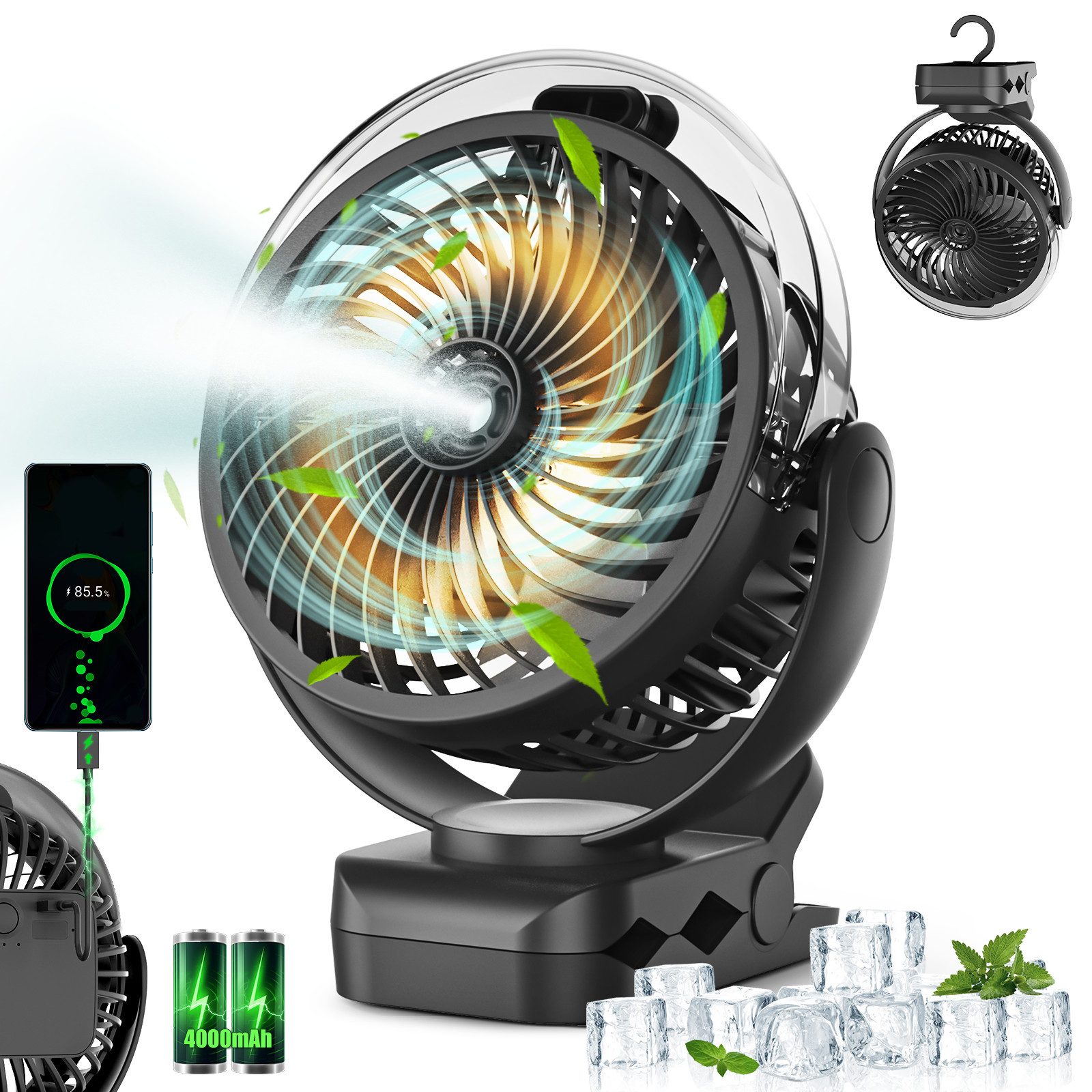 ATEROLL Tischventilator Mini-USB-Ventilator mit Oktopus-Basis,mit Nebel,einstellbarem Licht, 3 Geschwindigkeiten,leise Geeignet für Handheld/Desktop/Autositz