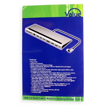 VALUE USB 3.2 Gen 2 Typ C Multiport Docking Station, 4K HDMI/DP, VGA Computer-Adapter USB Typ C (USB-C) Männlich (Stecker) zu HDMI Typ A Weiblich (Buchse), USB, Card Reader, PD, LAN, Audio