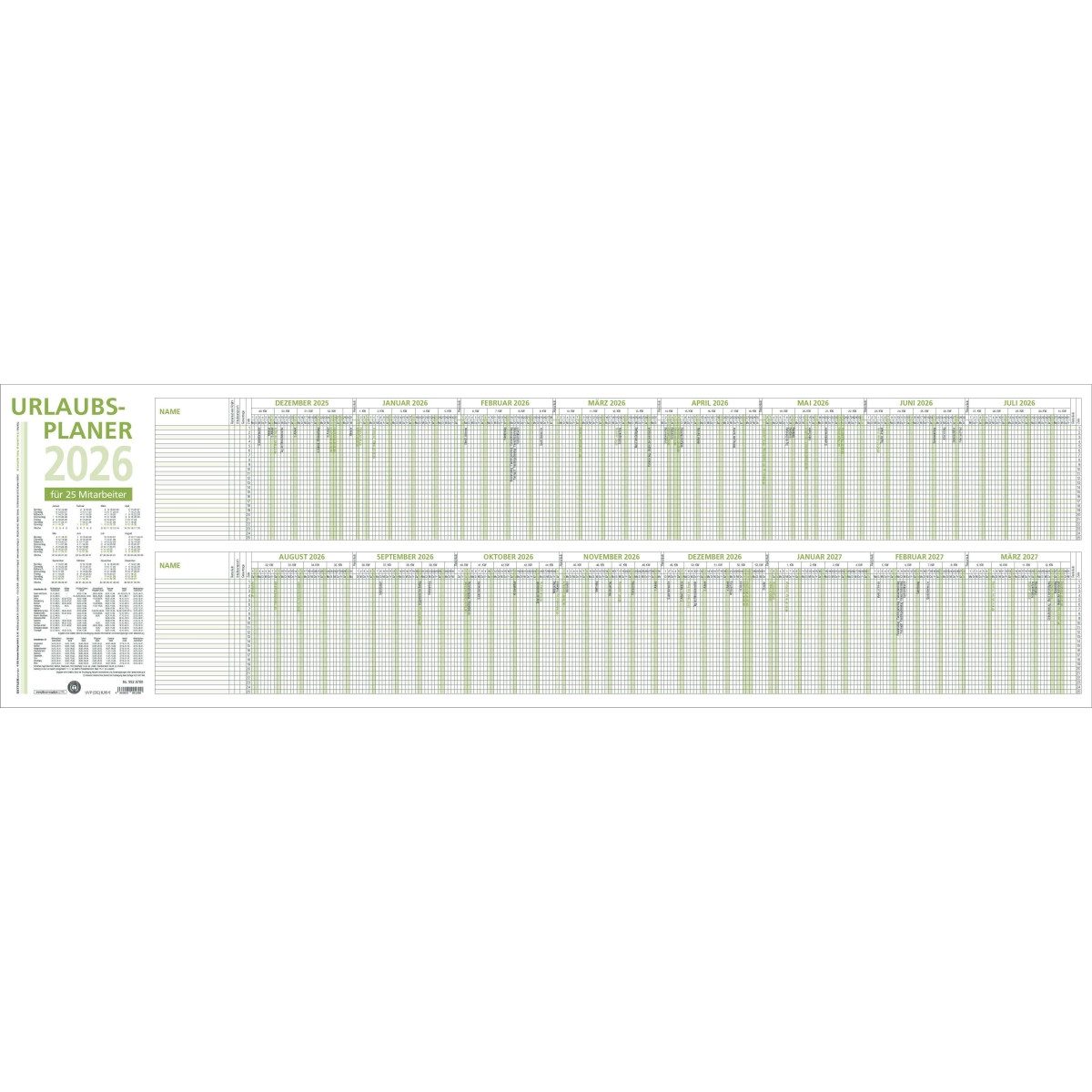ZETTLER Jahresplaner Urlaubsplaner 992 Recycling 100x29,7cm 16 Monate 2026
