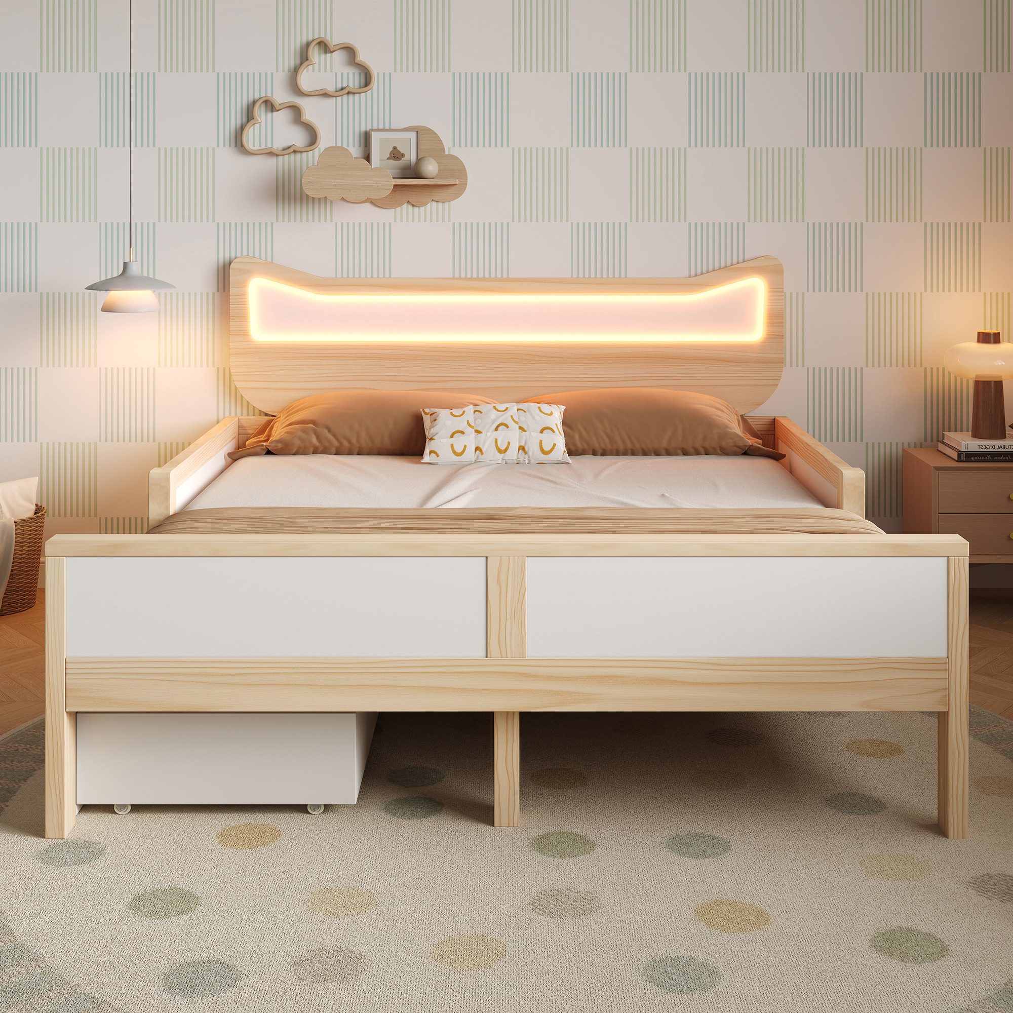 Flieks Kinderbett flexible Schublade & Staufach links/rechts montierbar, Massivholzbett 140×200 cm mit Katzenohren Kopfteil und LED‑Beleuchtung – Bild 3 von 5