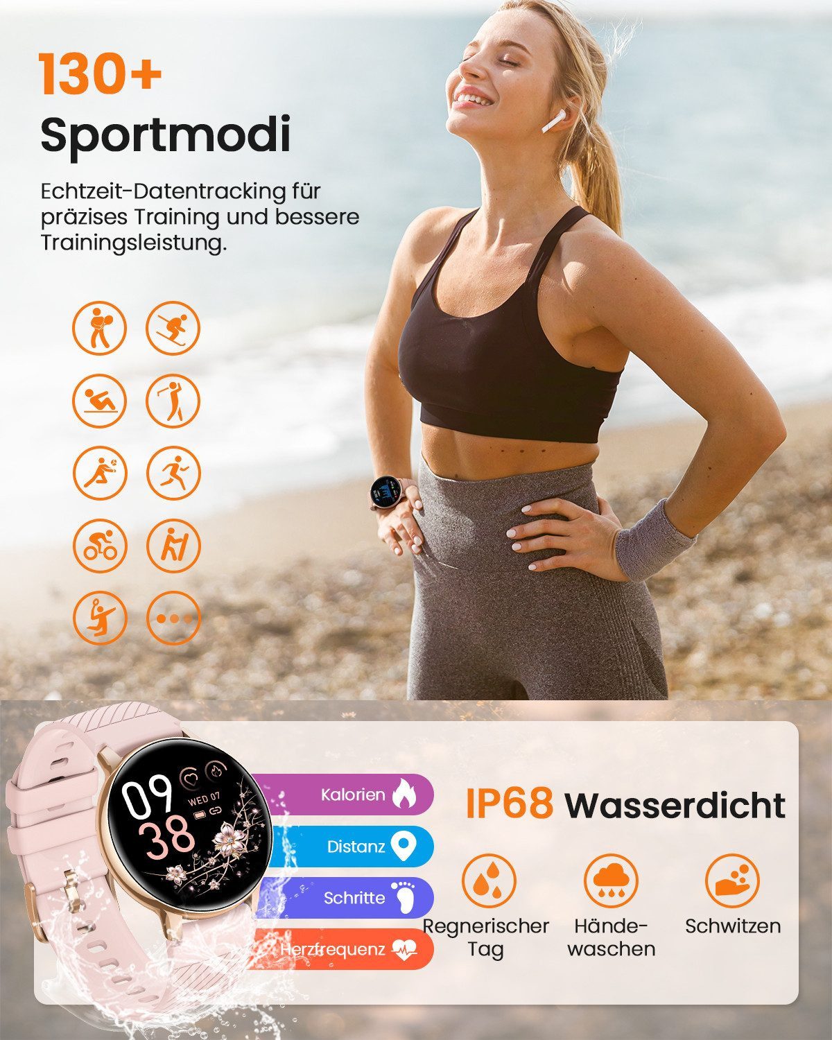 Whraills 2026 NEW Smartwatch Damen Fitnesstracker Uhr mit Anrufe,Pulsuhr,SpO2 Smartwatch (3.53 cm/1,39 Zoll, HD Touchscreen), Smartwatch für Damen mit Blutdruck – Bild 4 von 5