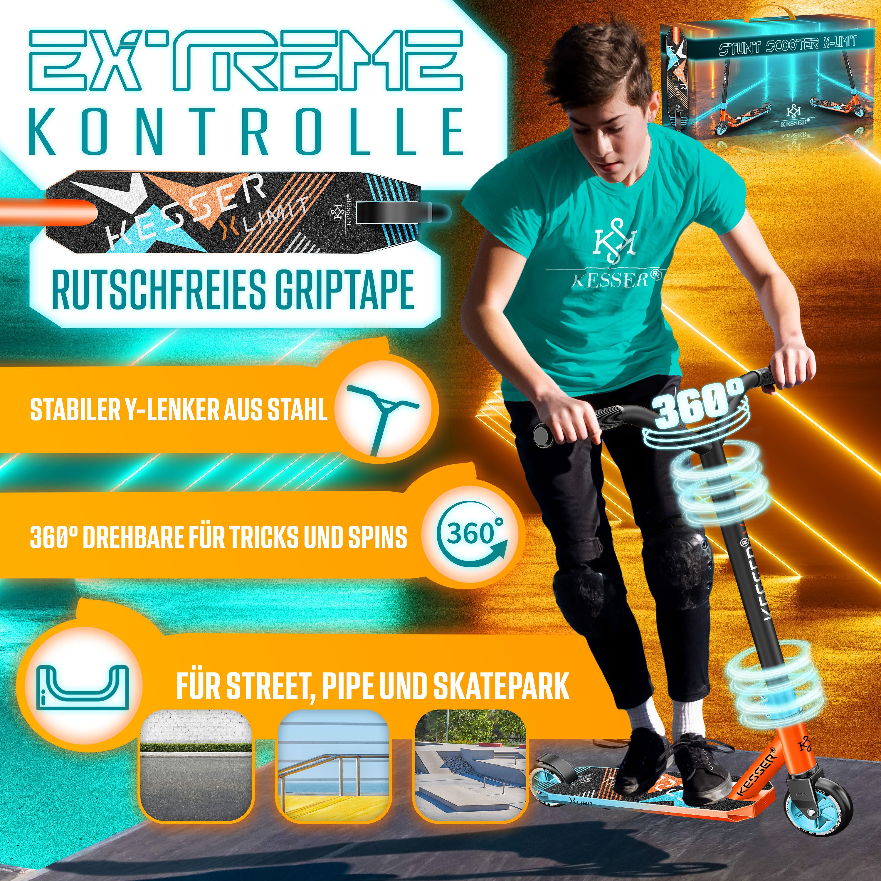 KESSER Stuntscooter X-Limit 360° Lenkung, ABEC9 Kugellagern, 100 mm PU Räder, Freestyle Kickscooter Funscooter für Kinder & Erwachsene