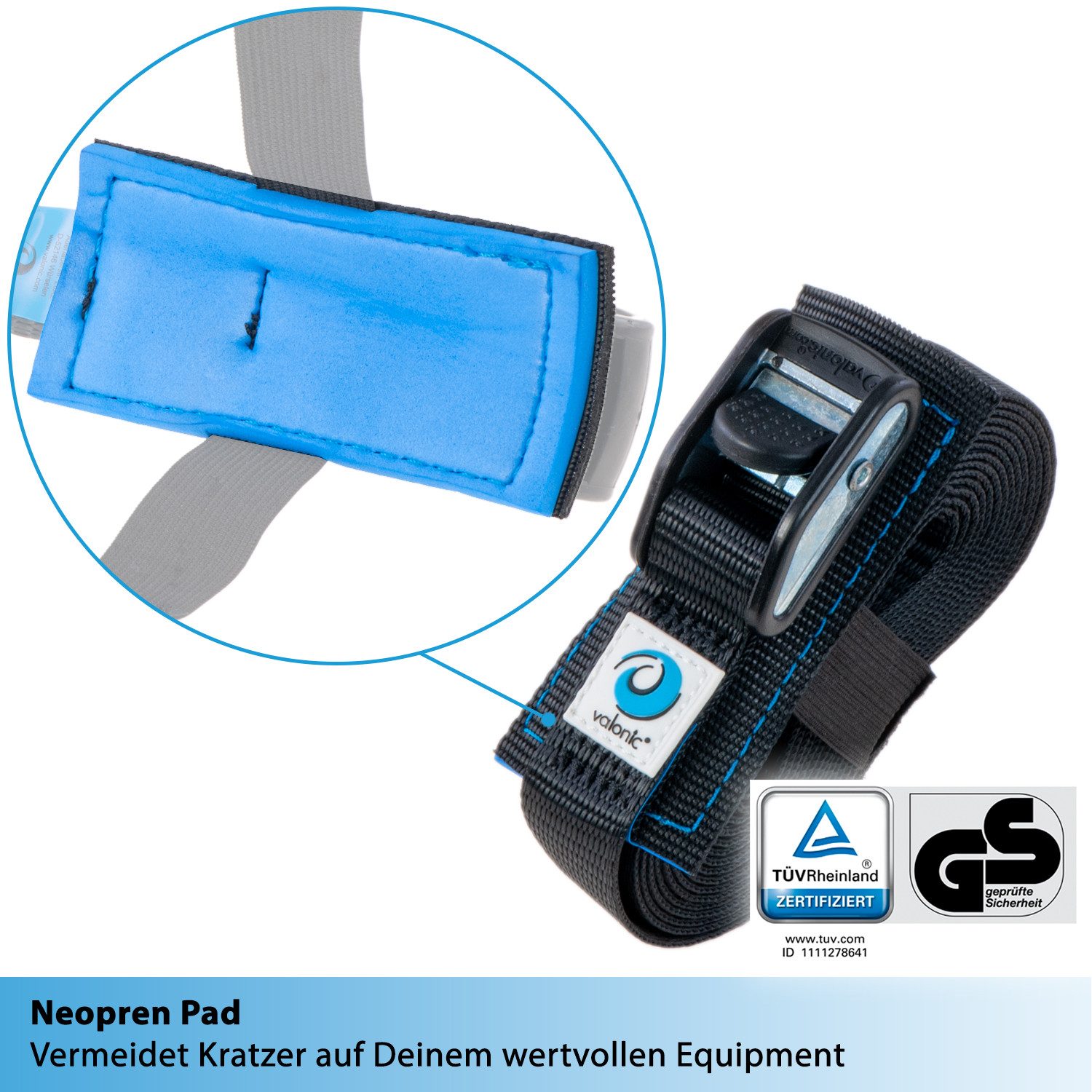 valonic Spanngurt valonic DOLPHIN Spanngurte 2x 1-6m Klemmschloss TÜV-GS 500kg Zurrgurte (2er Set, 2 Stück Klemmschlussgurt) Verzurrgurt für SUP Board oder Kajak
