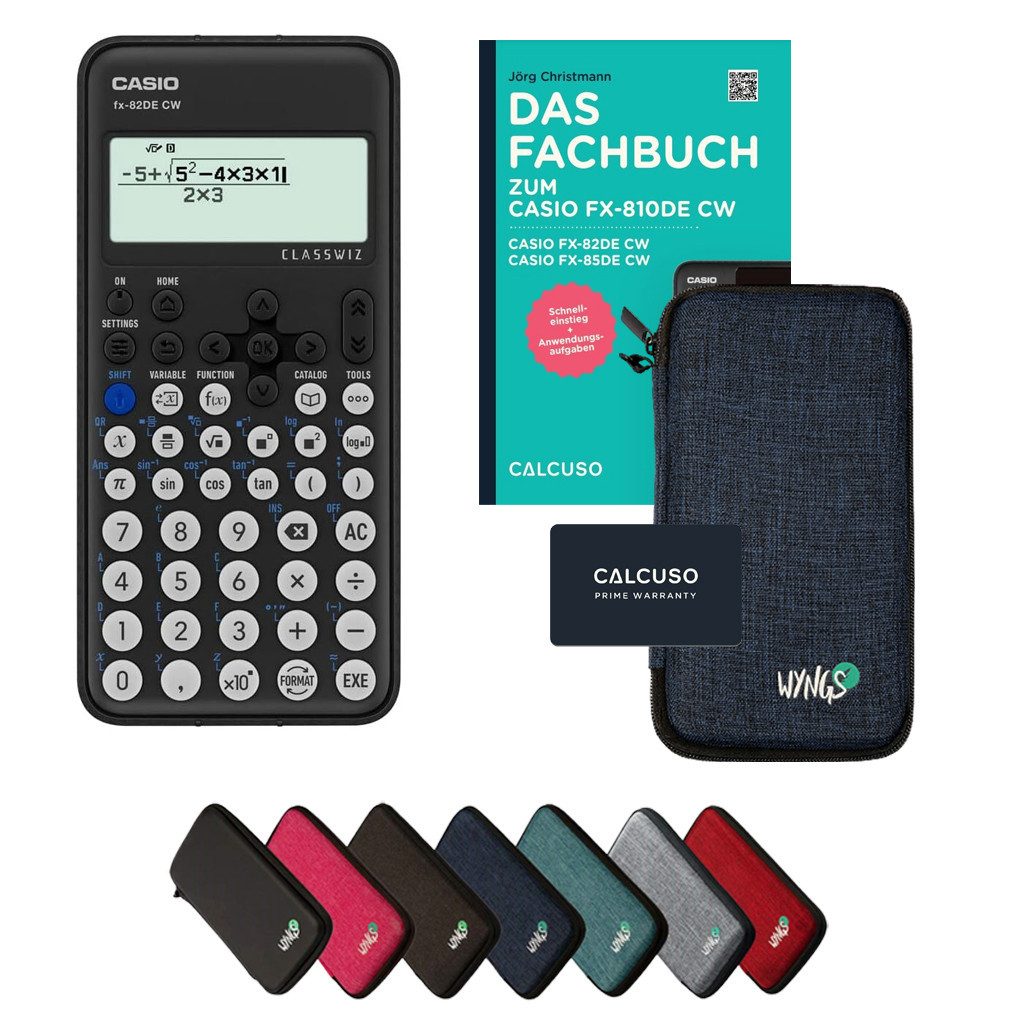 CASIO Taschenrechner fx-82DE CW inkl. Schutztasche Blau & Fachbuch (96 Seiten, DIN A5)