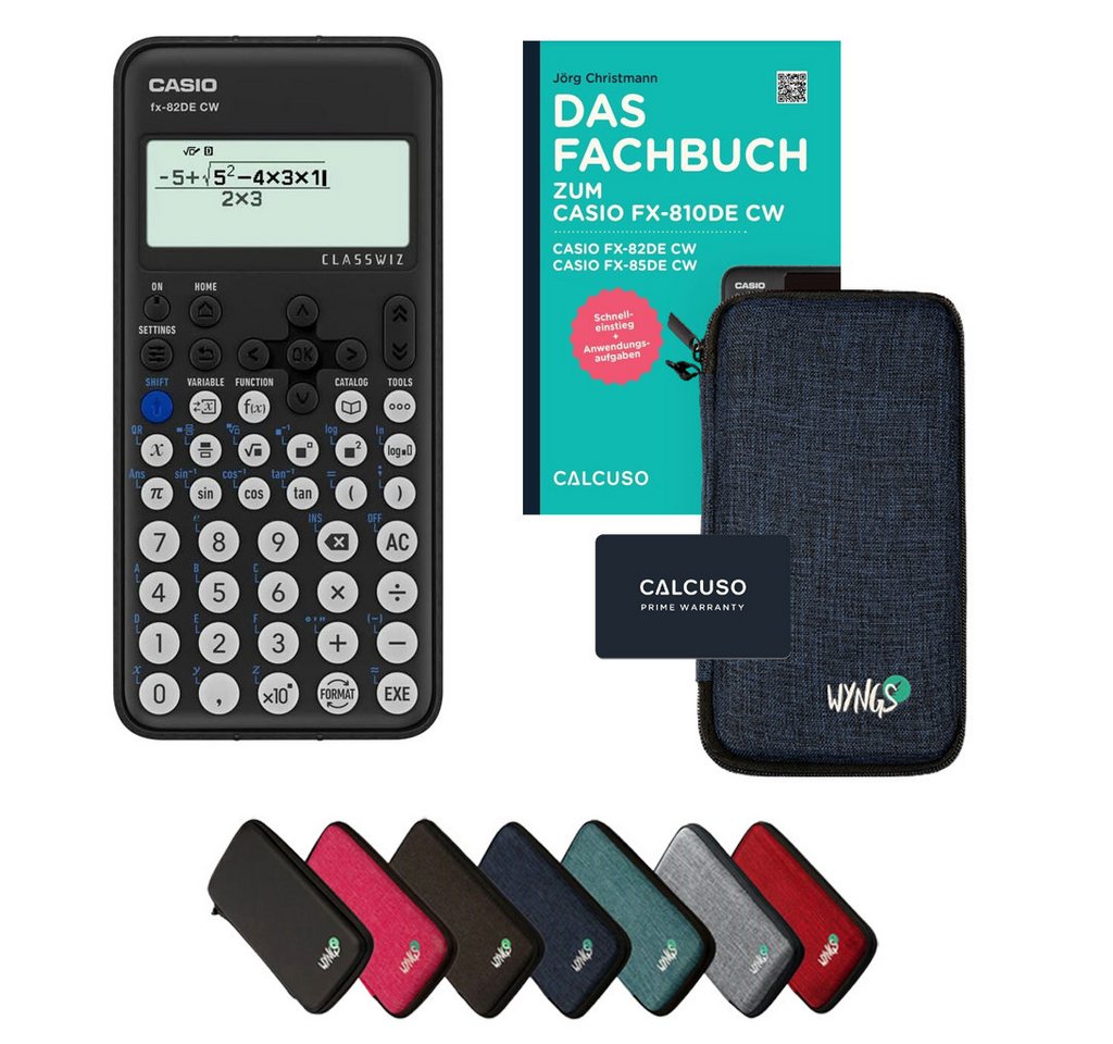 CASIO Taschenrechner fx-82DE CW inkl. Schutztasche Blau & Fachbuch (96 Seiten, DIN A5)