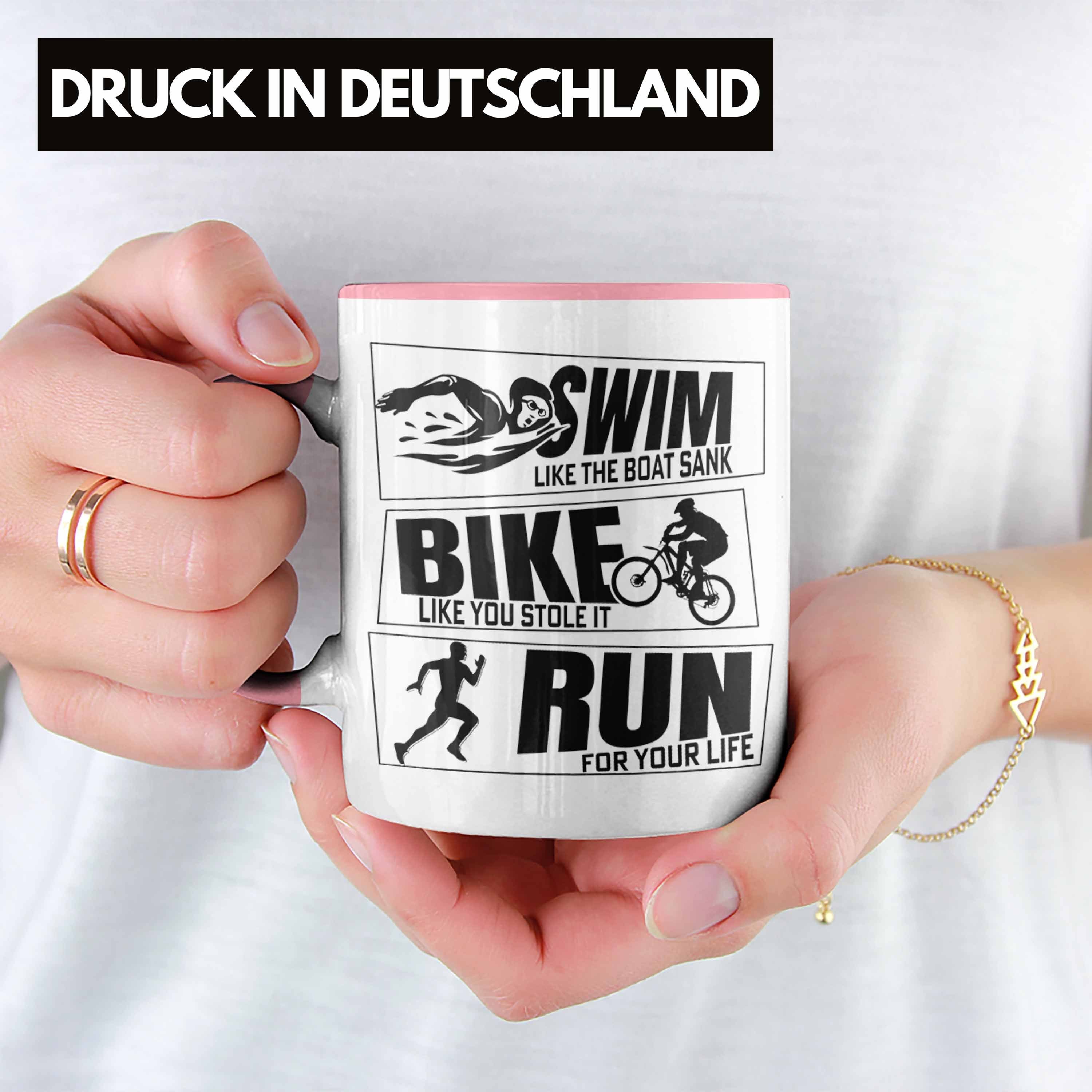 Tasse Trendation Triathlon Bike Geschenkidee für Sportl Geschenk Rosa Spruch Run Swim Tasse