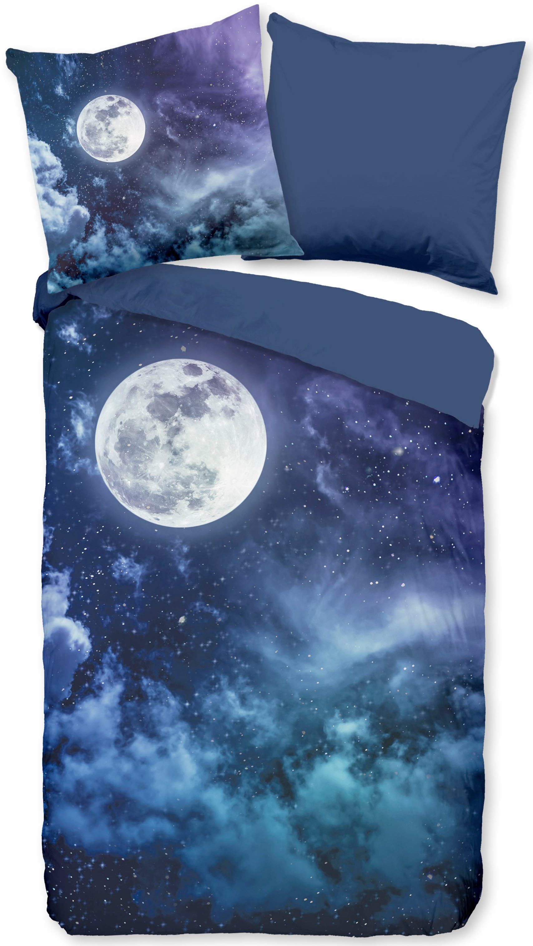 PURE luxury collection Wendebettwäsche Universee, Microfaser, 2 teilig, Mikrofaser, 135x200, Pflegeleicht, Reißverschluss, Wende, Mond, Blau – Bild 2 von 3