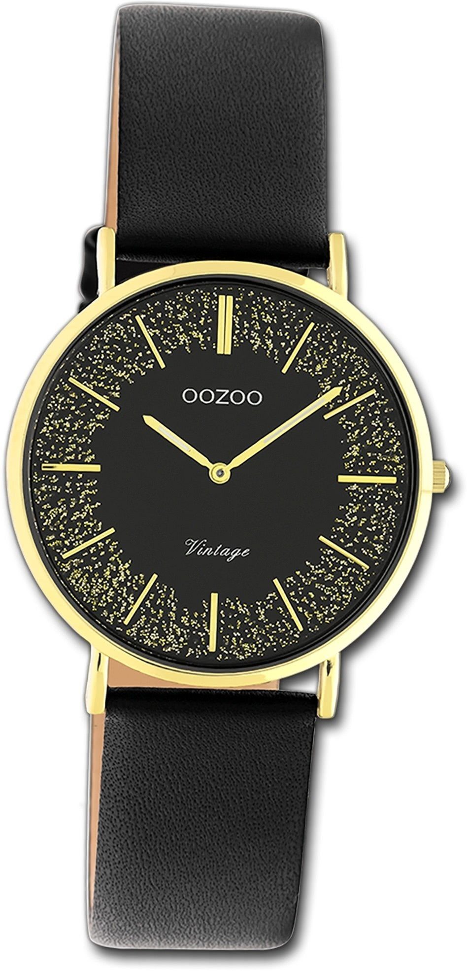 OOZOO Quarzuhr Oozoo Damen Armbanduhr Vintage Series, Damenuhr Lederarmband schwarz, rundes Gehäuse, mittel (ca. 32mm)