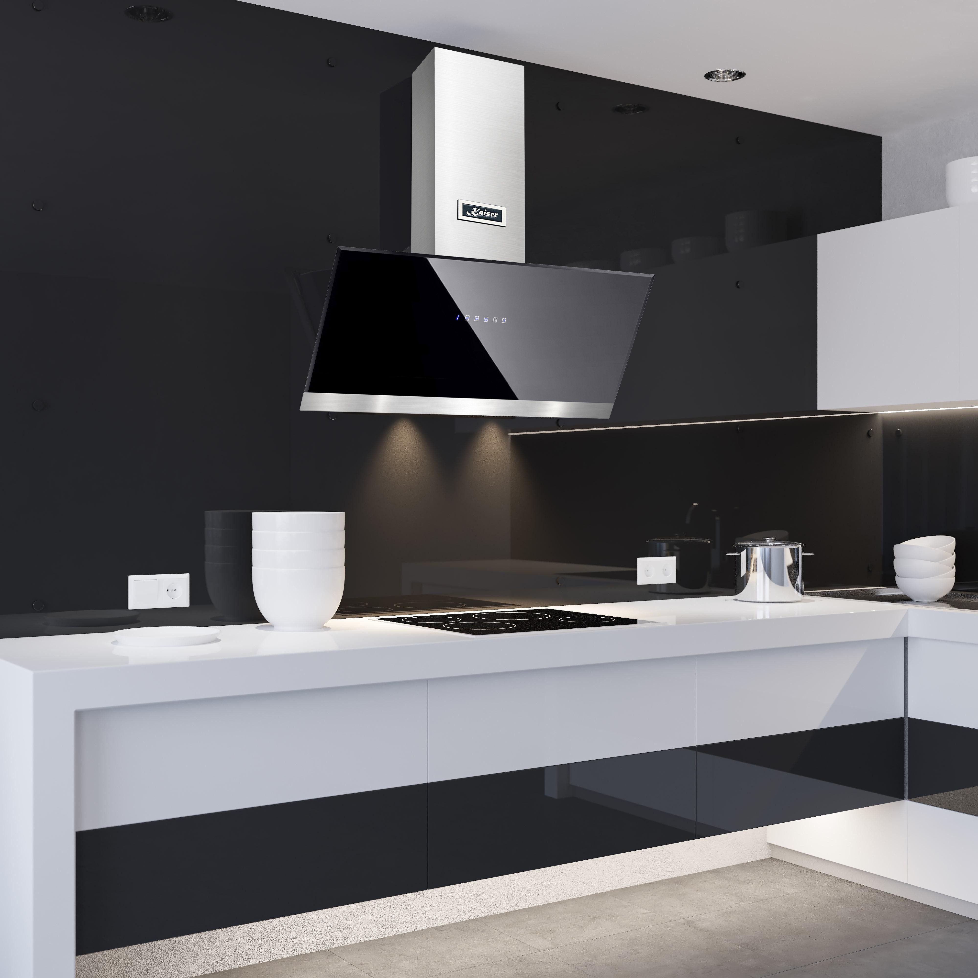Kaiser Küchengeräte Wandhaube AT 9440 Dunstabzugshaube 90 cm, Schwarz Glas Edelstahl, 1250m³/h AT 9440 Dunstabzugshaube 90 cm, Schwarz Glas Edelstahl, 1250m³/h, Kopffreihaube 90 cm, Automatisches Öffnen, Dunstabzugshaube