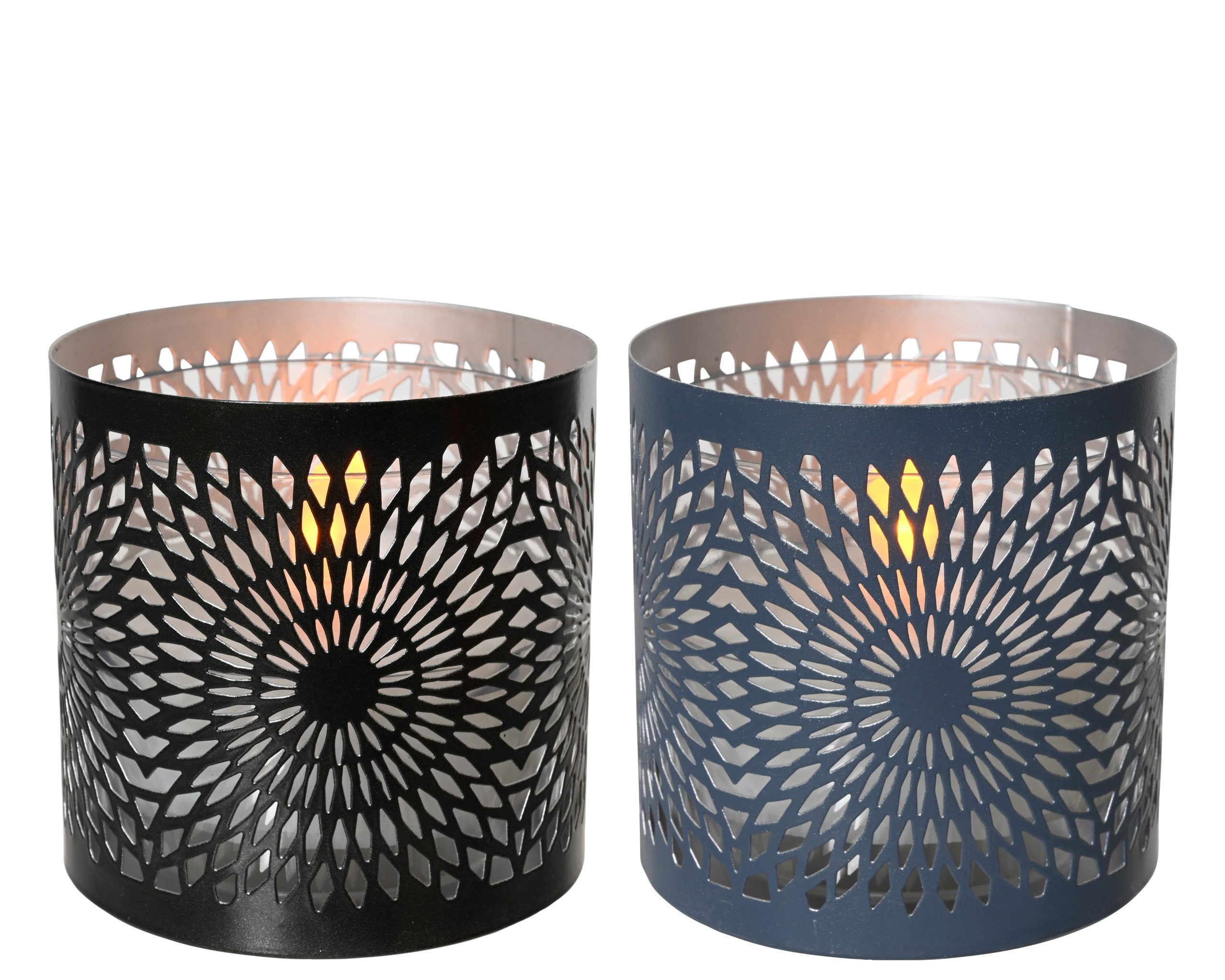 Lumineo LED Solarleuchte, Flacker Effekt, warmweiß, Solar LED Windlicht Kerze 8x8cm Metall Schwarz / Blau 1 Stück sortiert