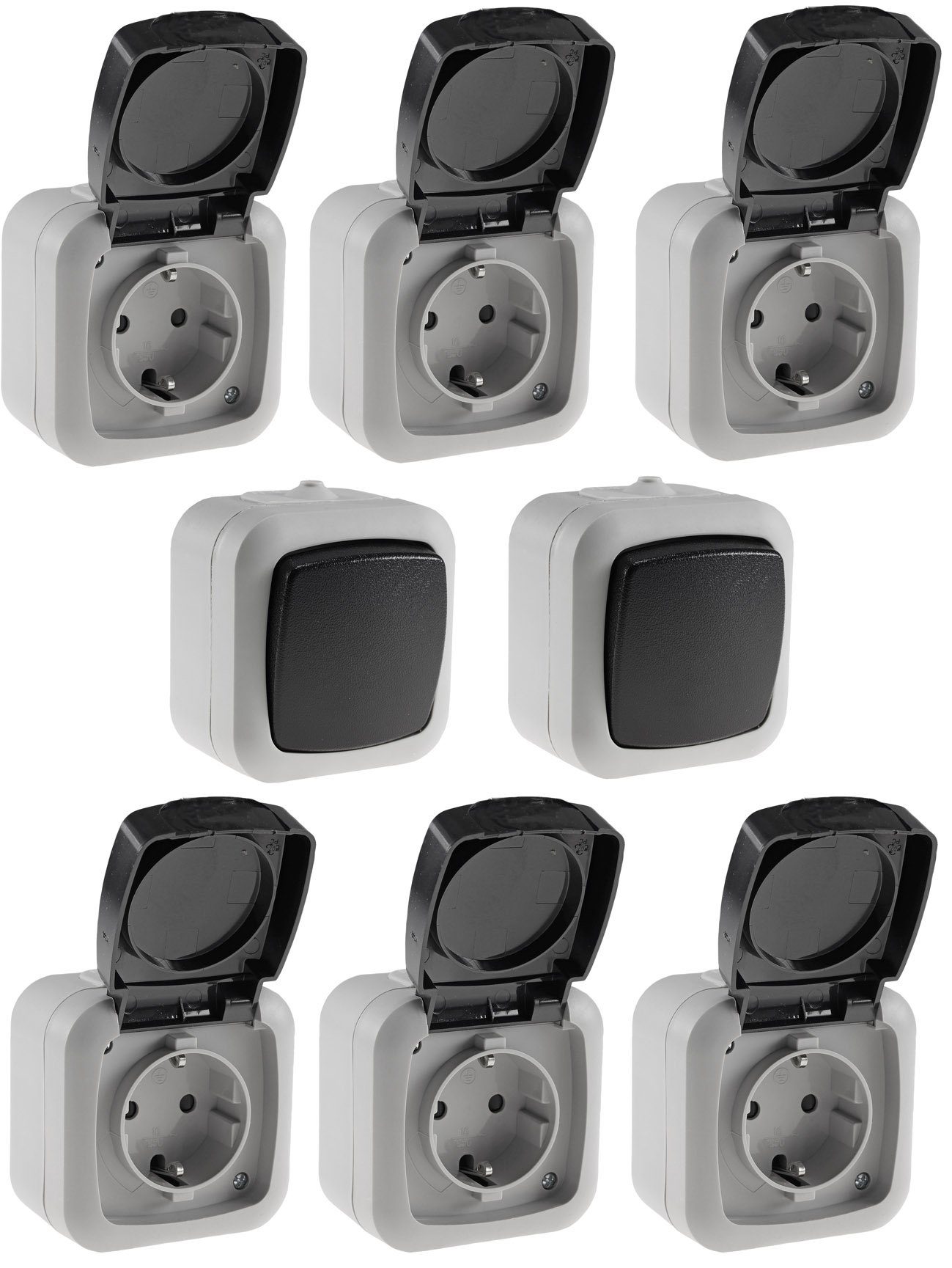 Steckdose Feuchtraum Starter-Kit, 8-teilig, IP44 250V~/ 10/16A, inkl. AP-Rahmen