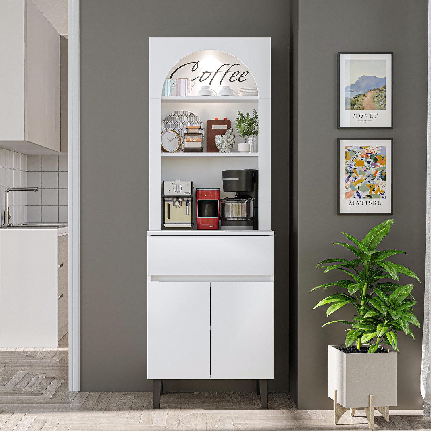 Roomart Küchenregal VENEDIK Küchenschrank 60 cm, Buffet, Schublade in 4 Farben, Buffet- & Mehrzweckschrank, LED Bogennische, Schublade, 4 Farben, 18 mm Platten