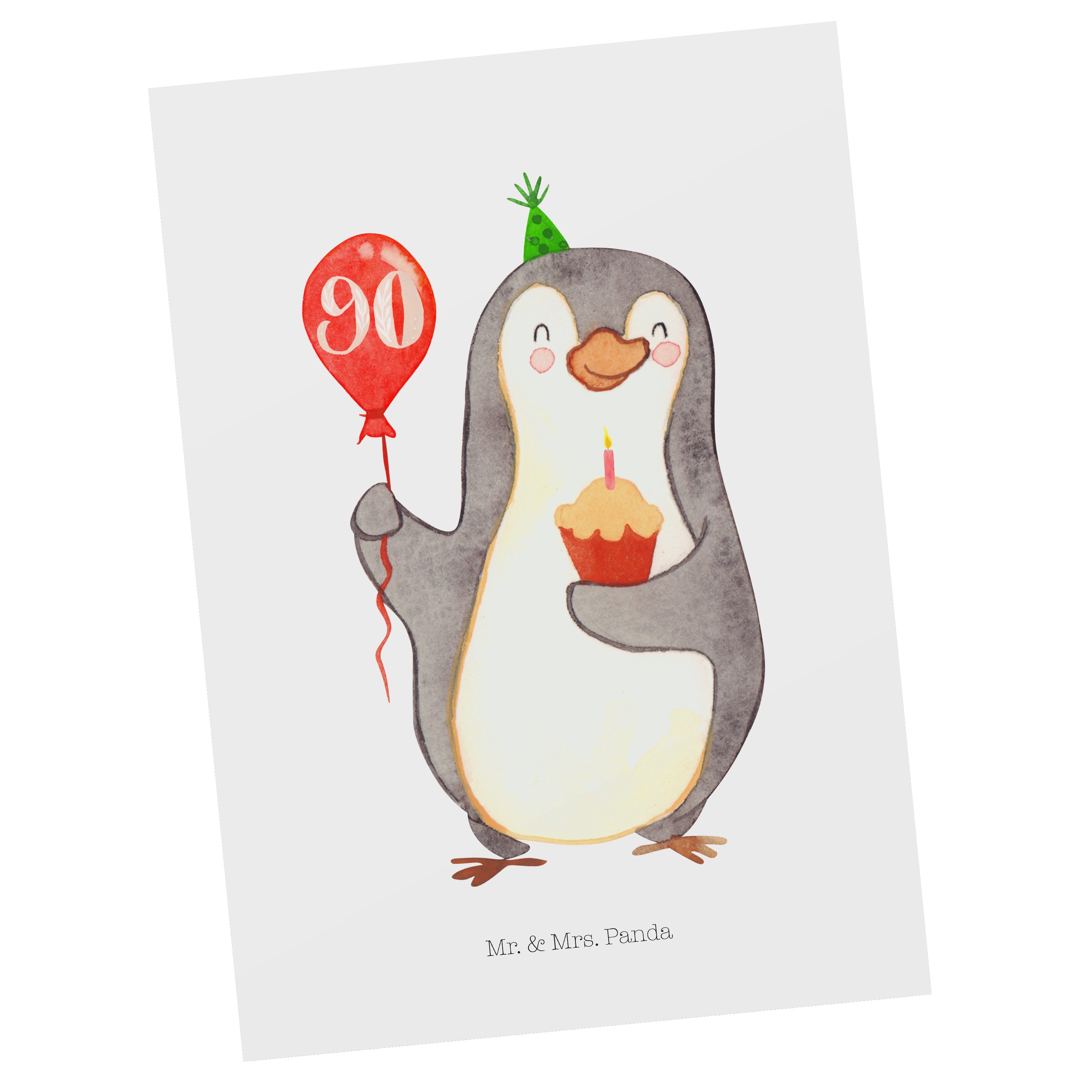 Mr. & Mrs. Panda Postkarte 90. Geburtstag Pinguin Luftballon - Weiß - Geschenk, Happy Birthday