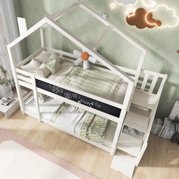 Ulife Hochbett Kinderbett Baumhaus mit Schornstein,Hochbett für Kinder inkl. Tafel– 2x Lattenrost- Weiß