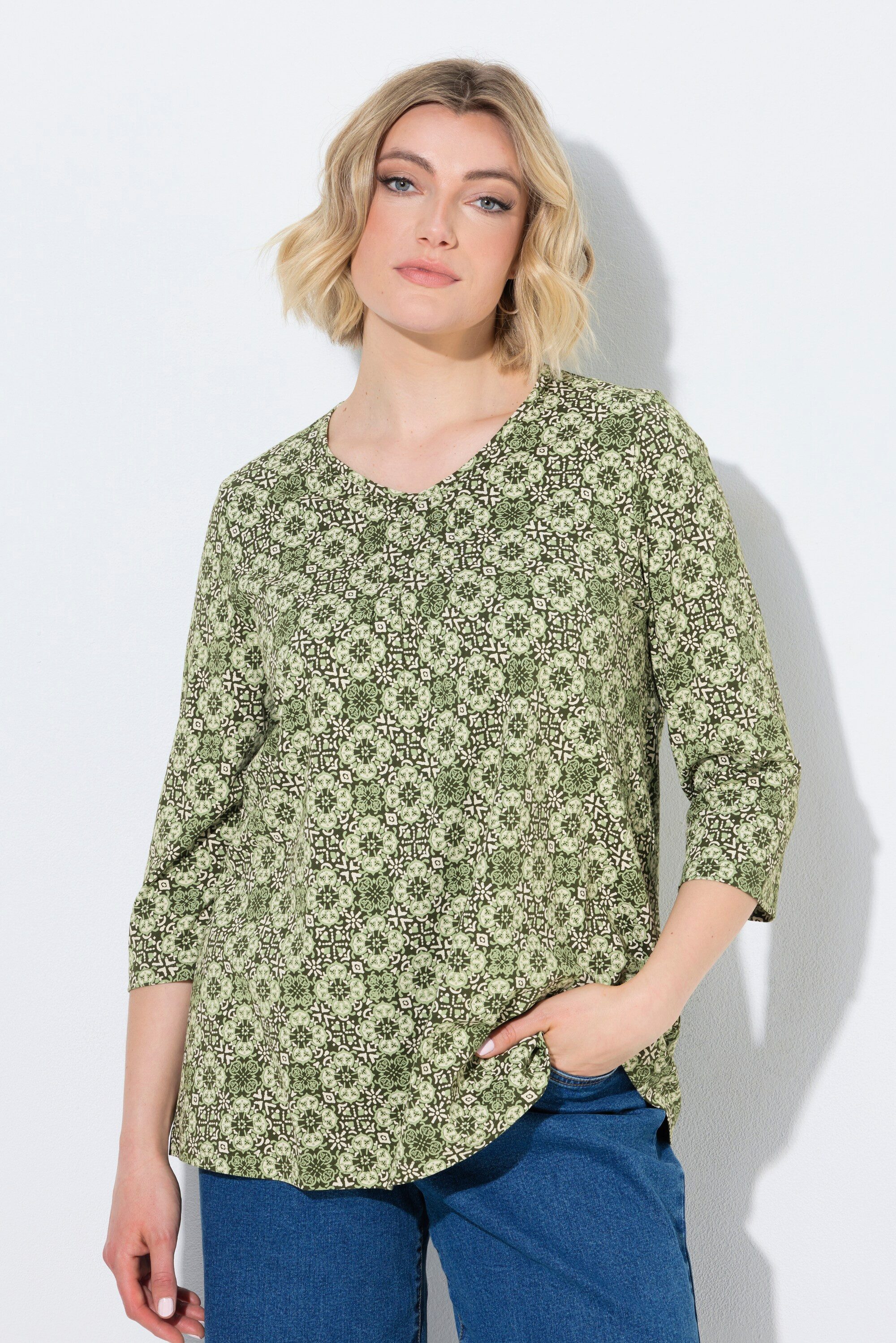 Ulla Popken T-Shirt Shirt Zierfalten A-Linie V-Ausschnitt 3/4-Arm
