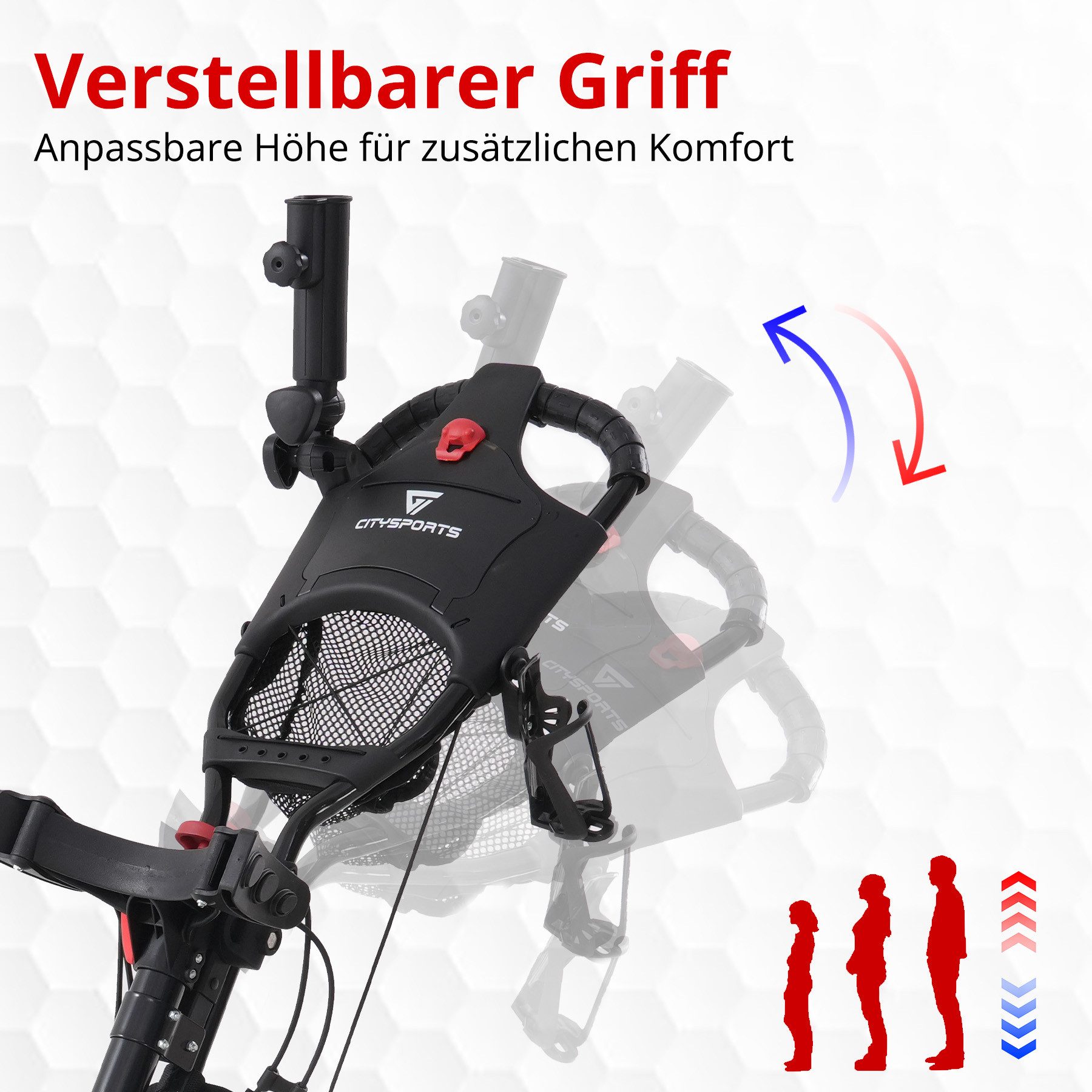 CITYSPORTS Golftrolley 3/4 Rad Golftrolley, Golfwagen klappbar, Golfcaddy mit Schirmhalter, Golfcaddy Golf Push Cart aus Aluminum, Erhältlich in Schwarz/Grün/Rot
