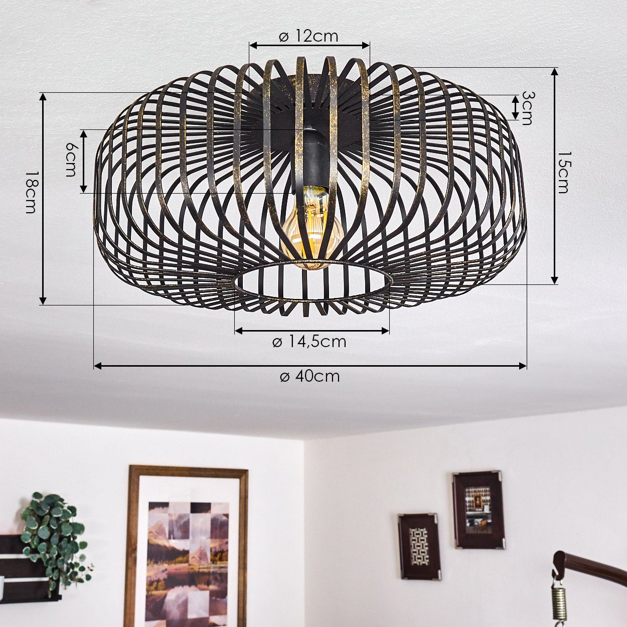 hofstein Deckenleuchte »Pieris« Deckenlampe aus Metall in Schwarz/Gold, ohne Leuchtmittel, E27, Leuchte m. Gitter u. Lichteffekt an der Decke – Bild 4 von 5