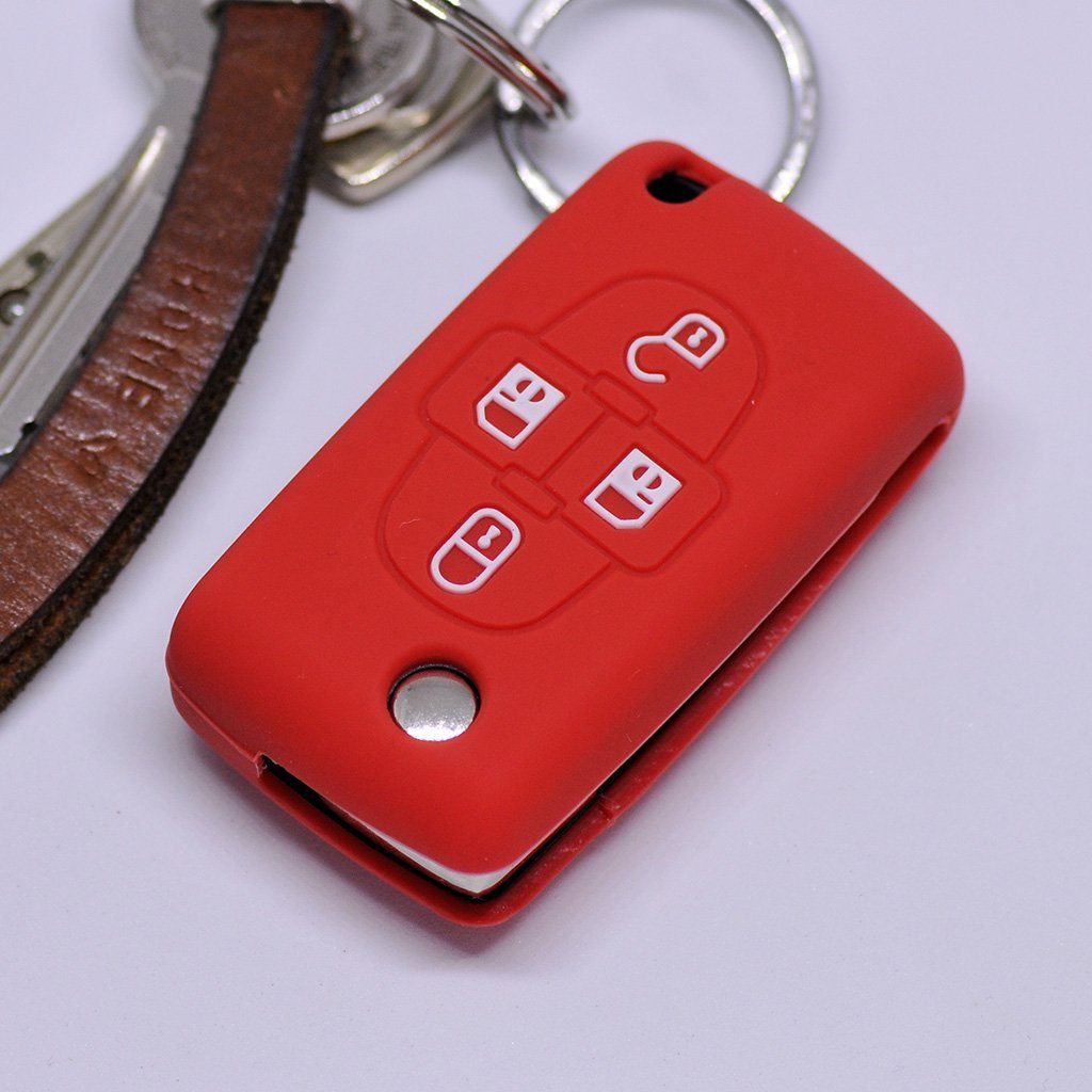mt-key Schlüsseltasche Autoschlüssel Softcase Silikon Schutzhülle Rot, für Peugeot Ranch Partner 807 1007 Citroen C4 C8 4 Tasten Schlüssel