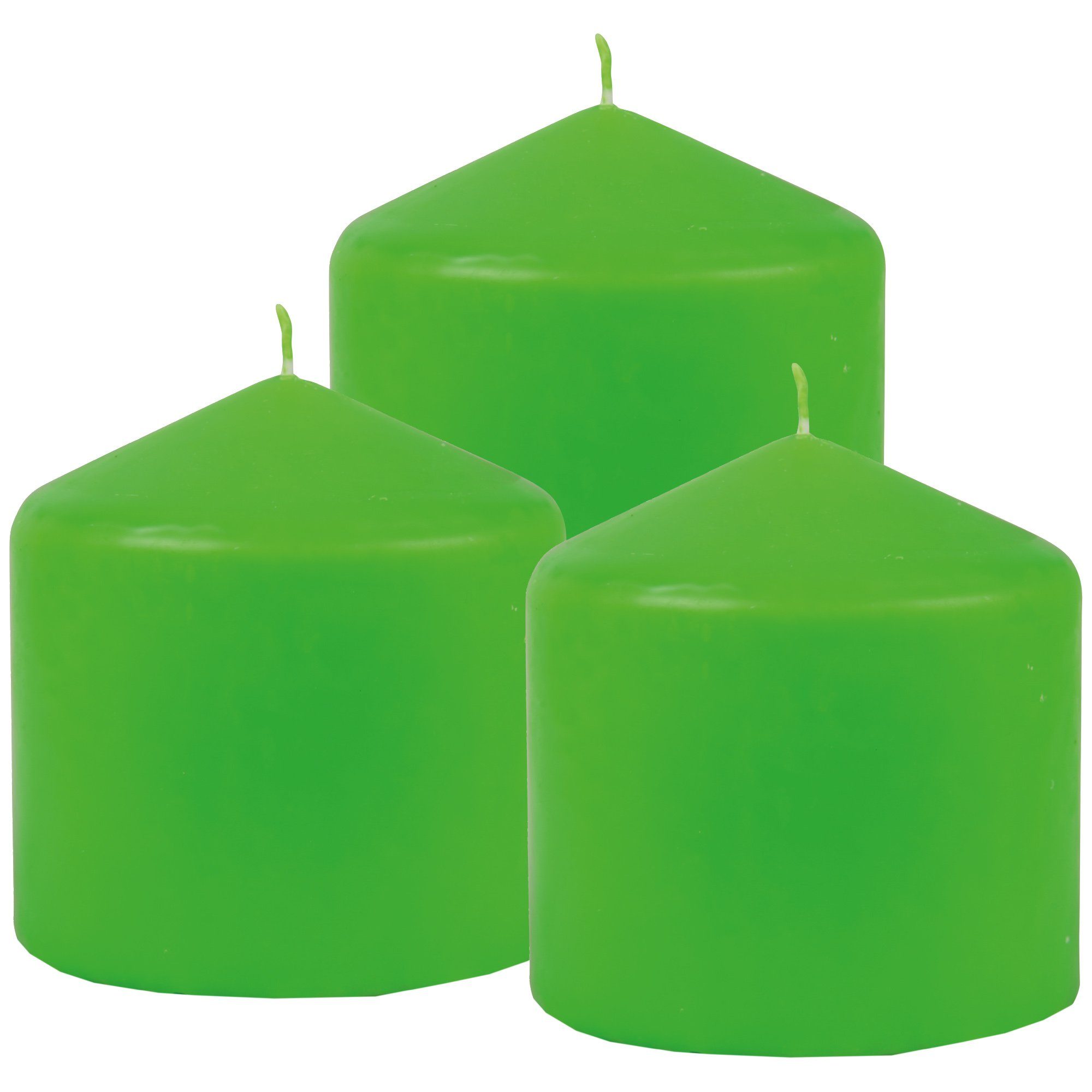 HS Candle Stumpenkerze Blockkerze (3-tlg), Wachskerzen Ø8cm x 8cm - Kerze in vielen Farben Hellgrün