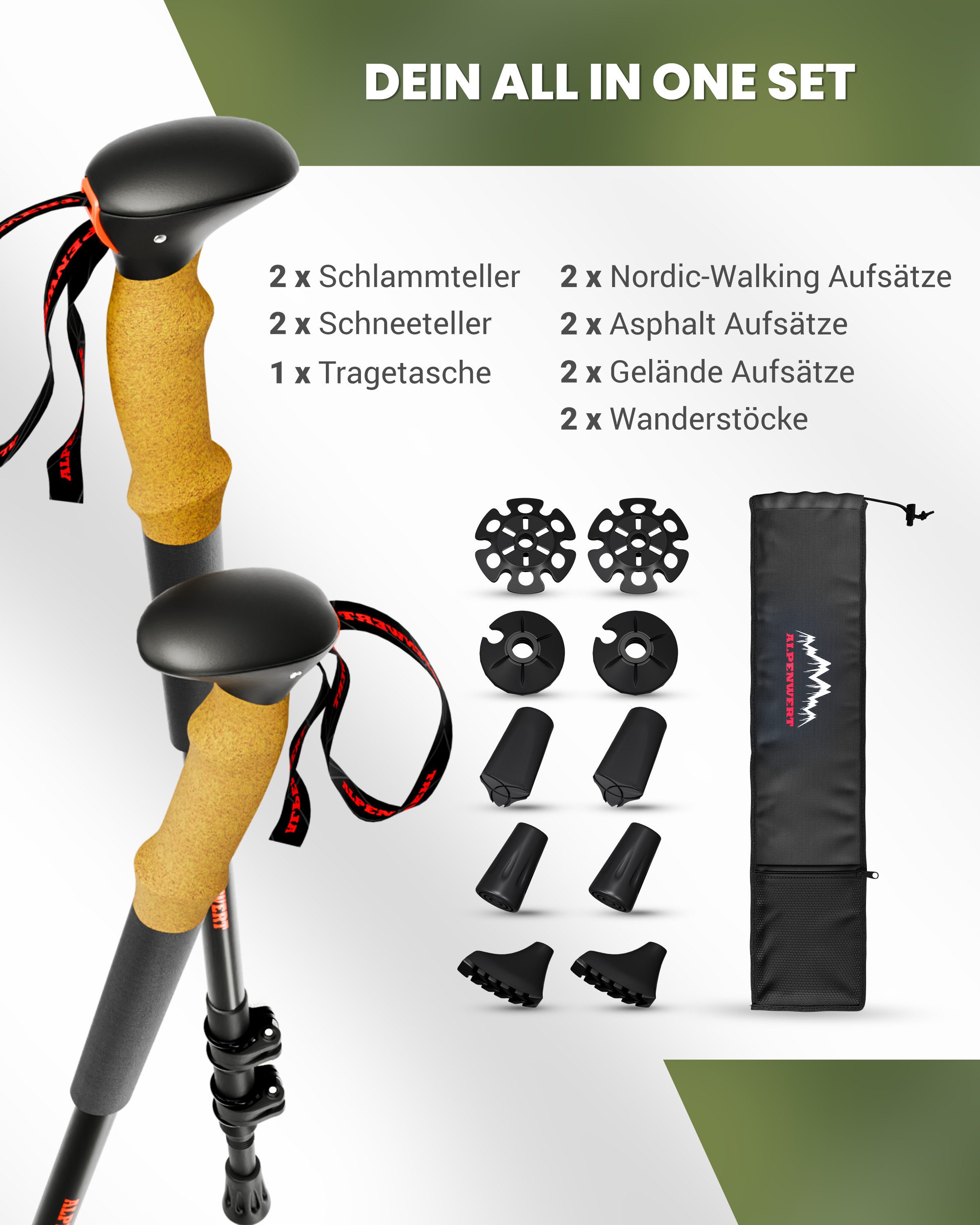 Alpenwert Wanderstöcke Teleskop Trekkingstöcke Nordic Walking Stöcke - Korkgriff zum Wandern (Premium Stöcke, Komplett Set 12 Teile), Wanderstöcke, ultraleicht, – Bild 4 von 5