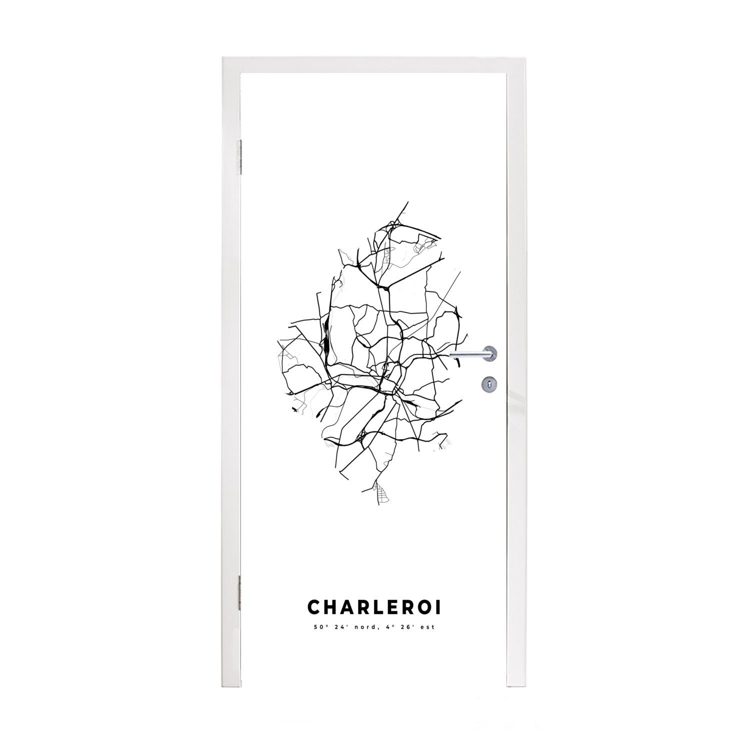 Türtapete - bedruckt, Fototapete - Stadtplan Karte 75x205 MuchoWow für weiß St), Charleroi - Türaufkleber, Schwarz Tür, Belgien, (1 - Matt, cm und