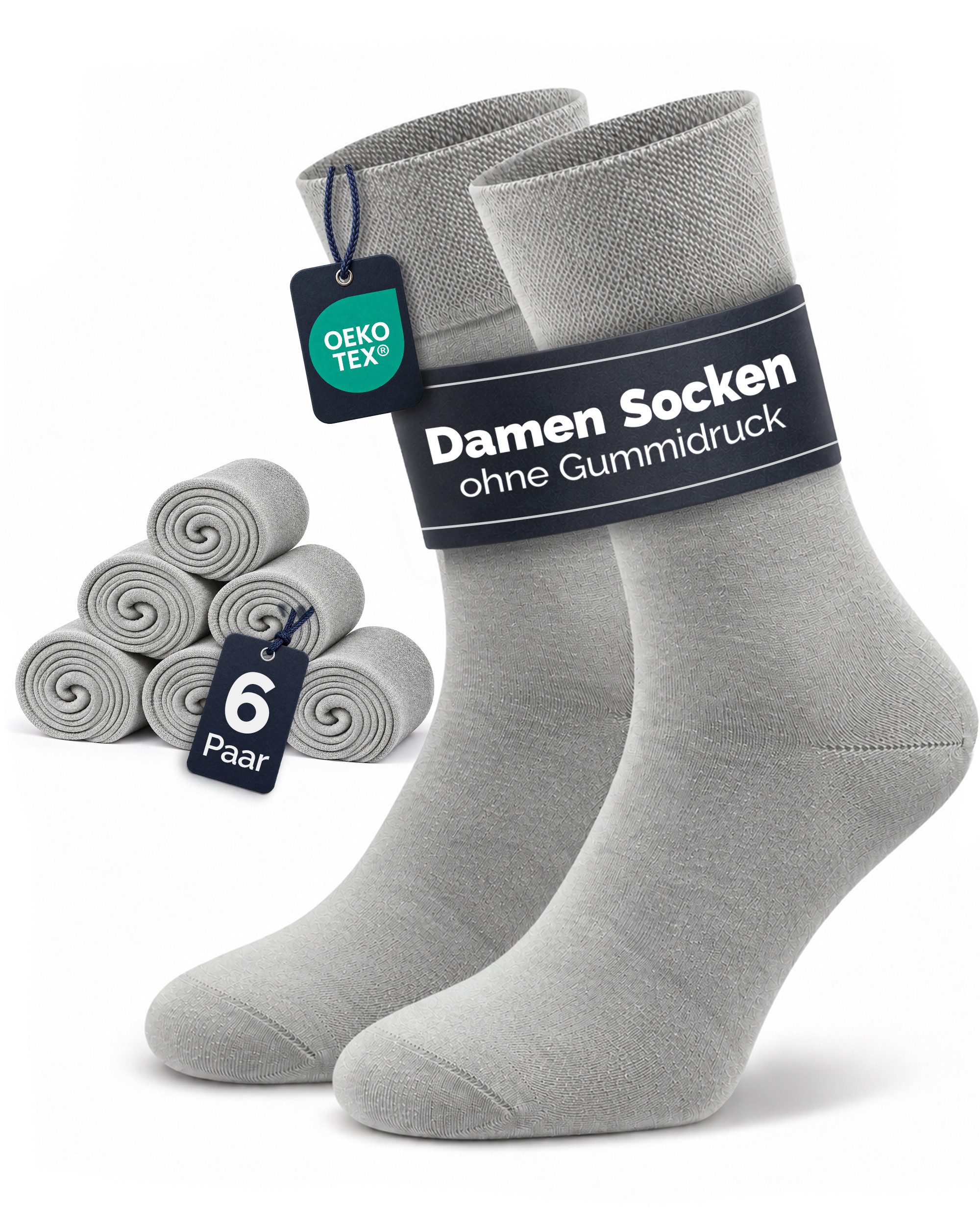 GAWILO Diabetikersocken für Damen ohne Gummidruck & ohne drückende Naht (6 Paar) Extra breiter Piquet-Strick am Komfortbund der nicht einschneidet