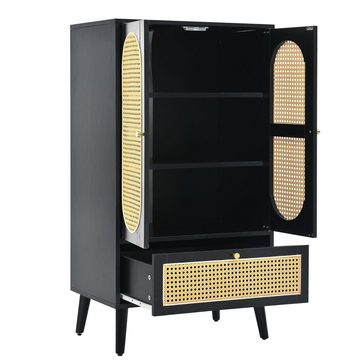 Merax Highboard mit Rattantüren und einer Schublade, Sideboard Landhausstil mit Metallgriffe, Kommode, B/H/T:60/110,5/40cm