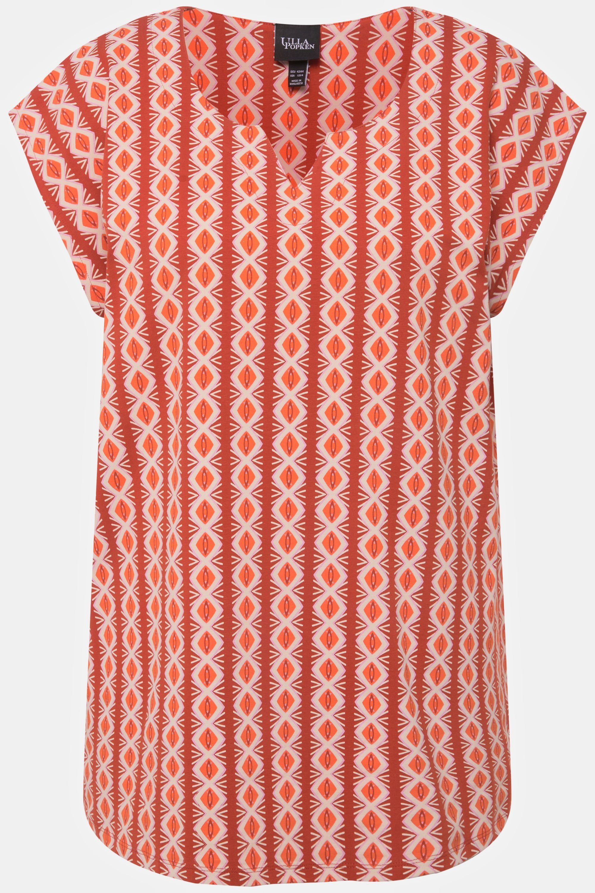 Popken Muster grafisches Longsleeve terracotta Tunika-Ausschnitt Ulla T-Shirt