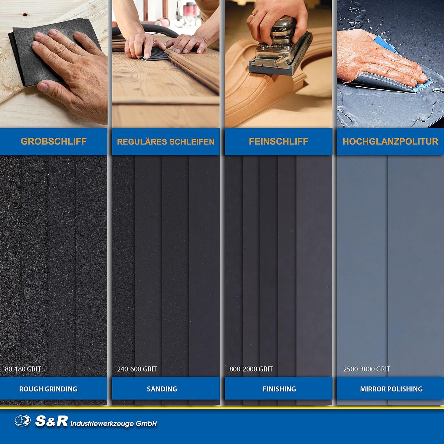 S&R Schleifpapier Wasserfestes Schleifpapier, Schleifblätter Satz, Siliziumkarbid-Korn, (Set, 60 St., 15 Körnungen P80 bis P3000), Schmirgelpapier, für Trockenpolitur und Nasspolitur, Nassschleifpapier