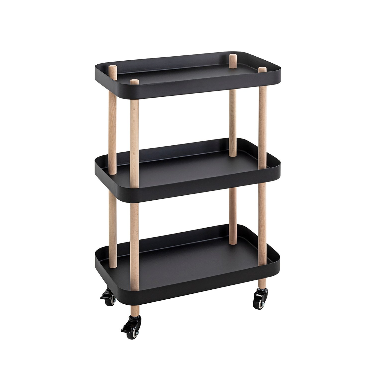HAKU Beistelltisch Beistelltisch natur-Sofatisch schwarzes Metall-B 50 x H 76 x T 30 cm (1xBeistelltisch auf Rollen, Dekotisch - kleiner Tisch), Beistelltisch auf Rollen aus Metall, Rollwagen, Trolley