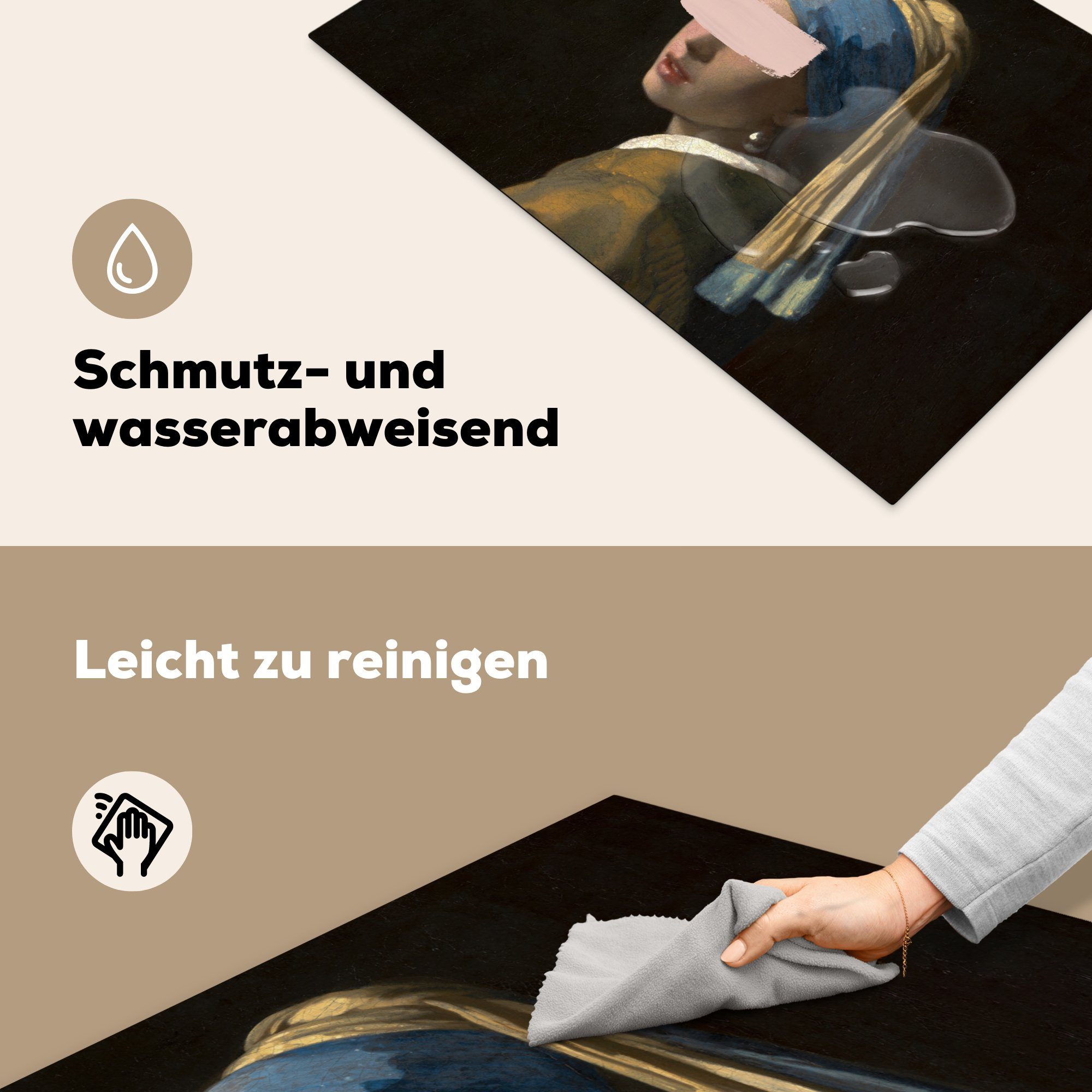 Mädchen Gemälde, Induktionskochfeld 81x52 mit die - Perlenohrring Vermeer (1 tlg), Ceranfeldabdeckung Schutz küche, Herdblende-/Abdeckplatte MuchoWow Vinyl, - für cm,