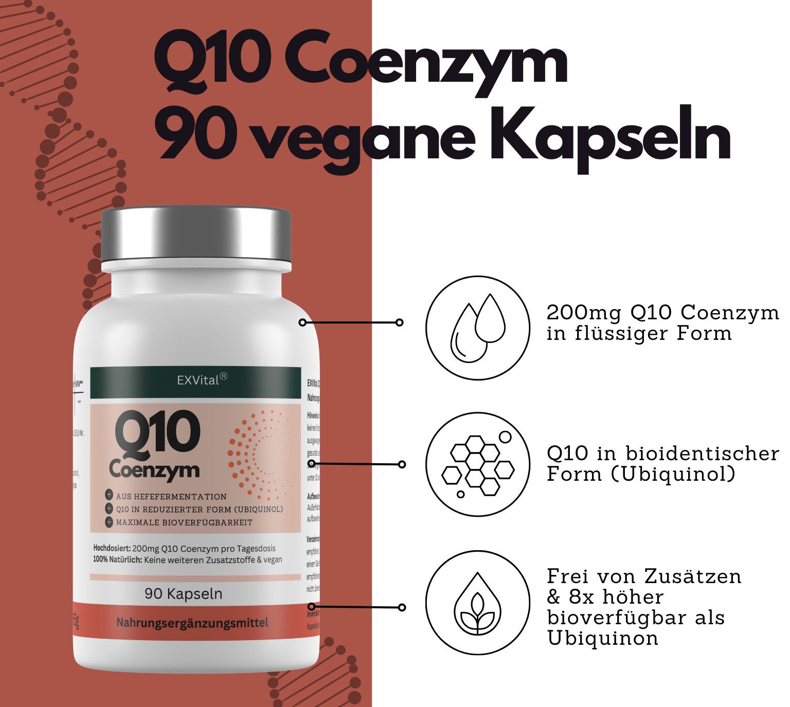 Q10 Coenzym Ubiquinol Kapseln, hochdosiert 200mg / Tag, ohne Zusätze Softgel Kapseln, 65 g