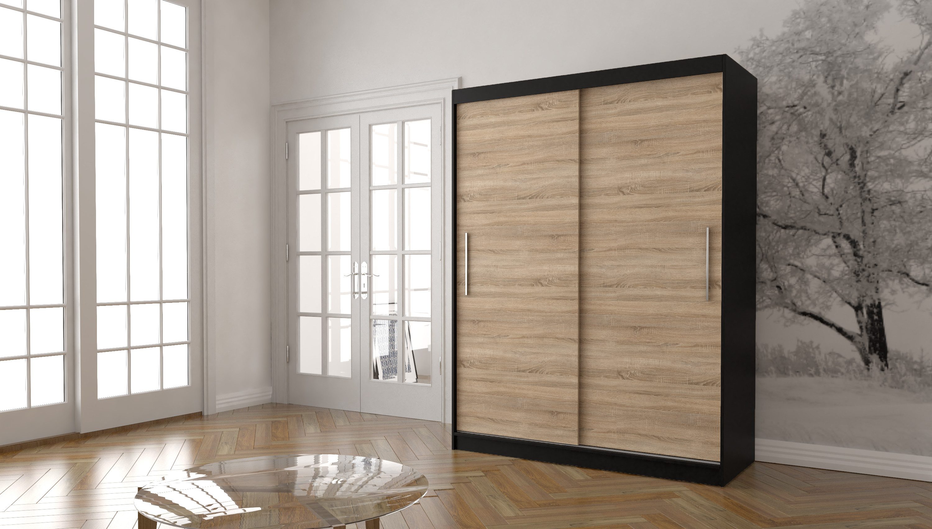 MOEBLO Kleiderschrank LARA 04 (Schwebetürenschrank 2-türig Schrank mit vielen Einlegeböden und Kleiderstange, Gaderobe Schiebtüren Schlafzimmer-Wohnzimmerschrank Modern Design) (BxHxT): 150x200x61 cm