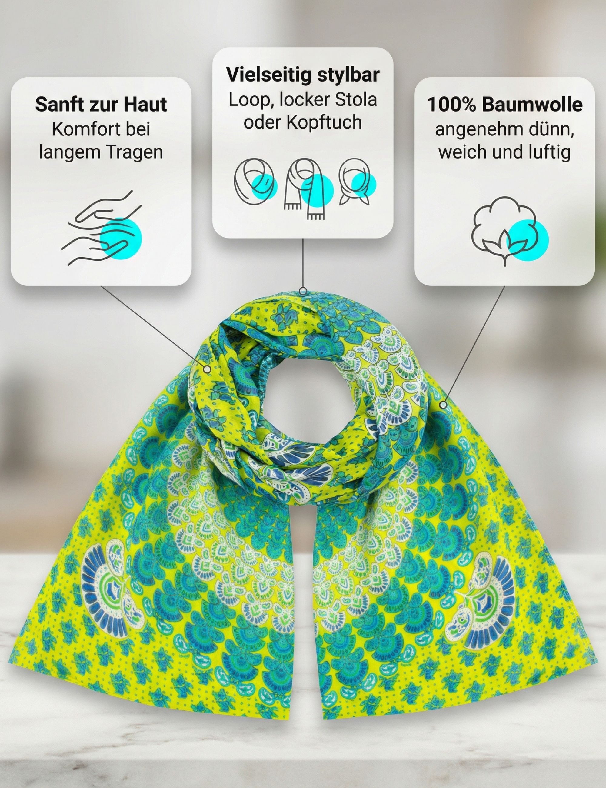 Sunsa Halstuch Damen Schal Tuch Baumwolle Halstuch Sommer Scarf mit Blumen, Blumenmotive Aufdruck
